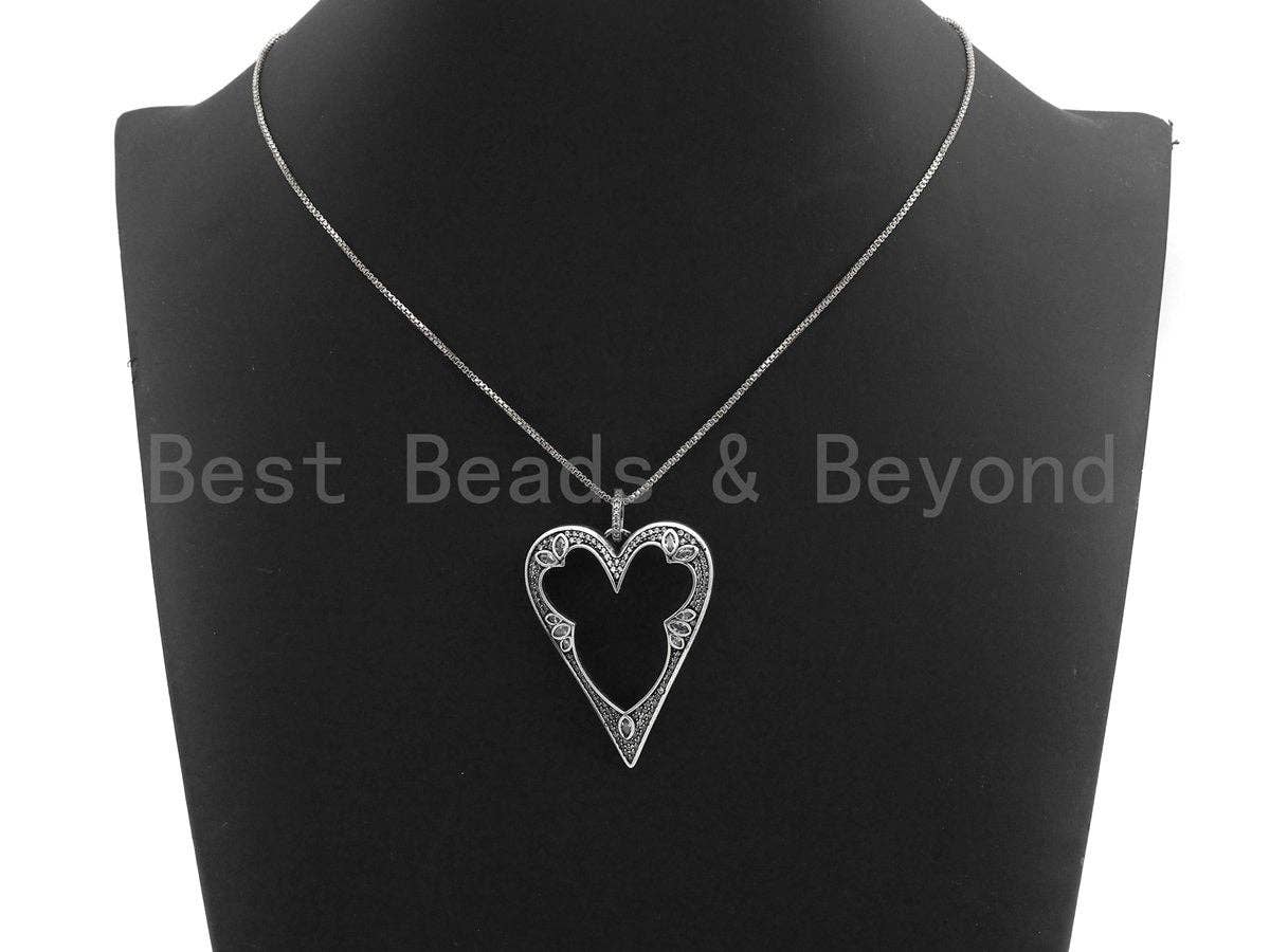 CZ Micro Pave Heart Hollow Out Pendant, Antique Silver Tone, Clear Cubic Zirconia Big Pave Heart Charm Pendant,35x46mm,sku#F1000C