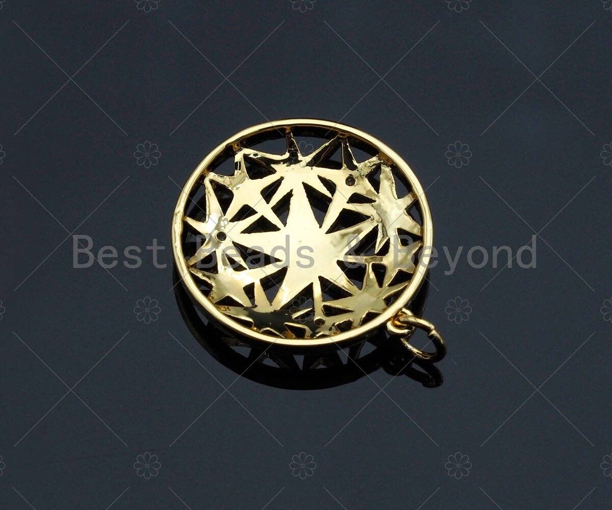 CZ Micro Pave Five Star Hollow Out On Round Shape Pendant, Gold Plated, Necklace Bracelet Charm Pendant, 27x28mm,sku#F1238