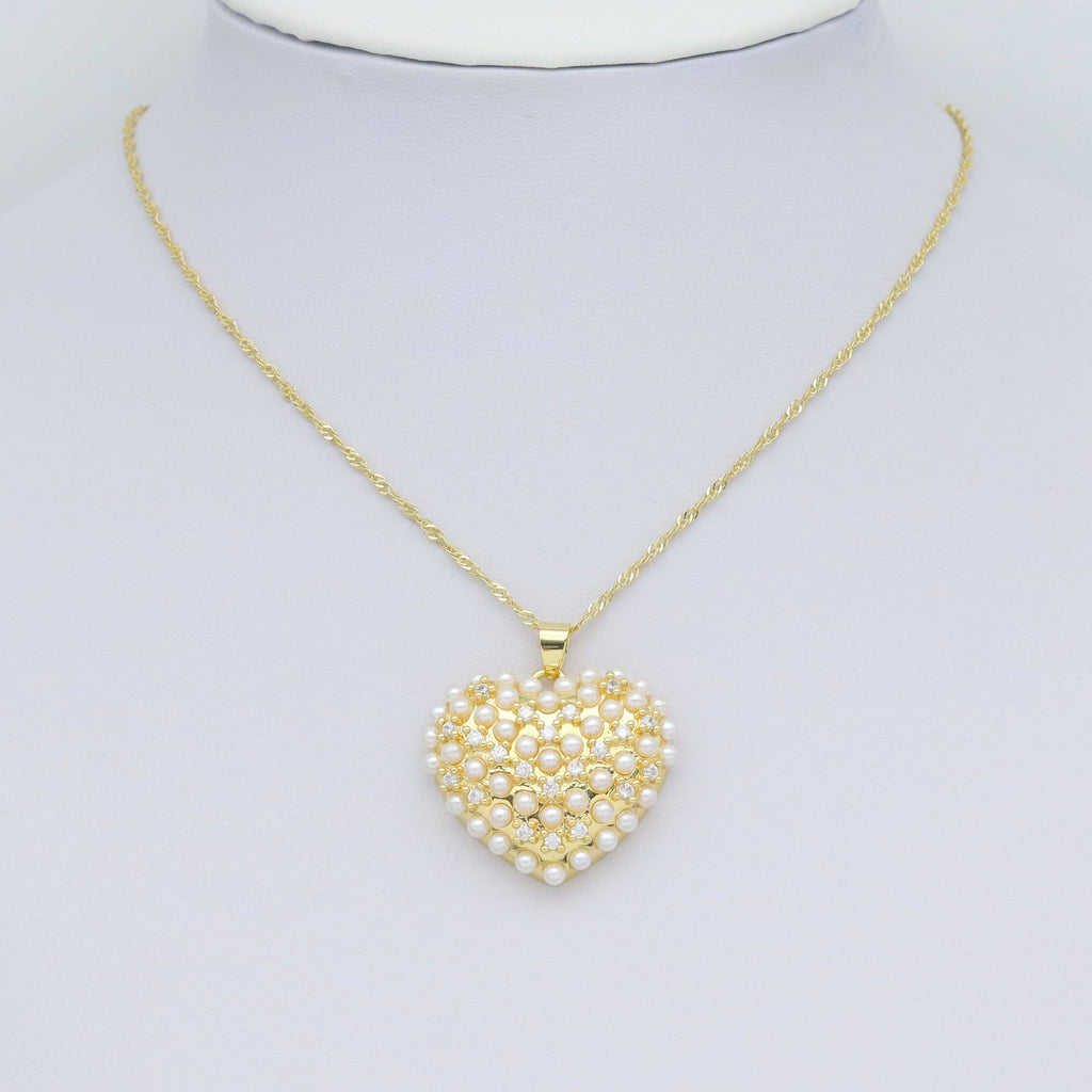 CZ Pave Gold Silver Pearl Heart Charm Pendant, Sku#LX594
