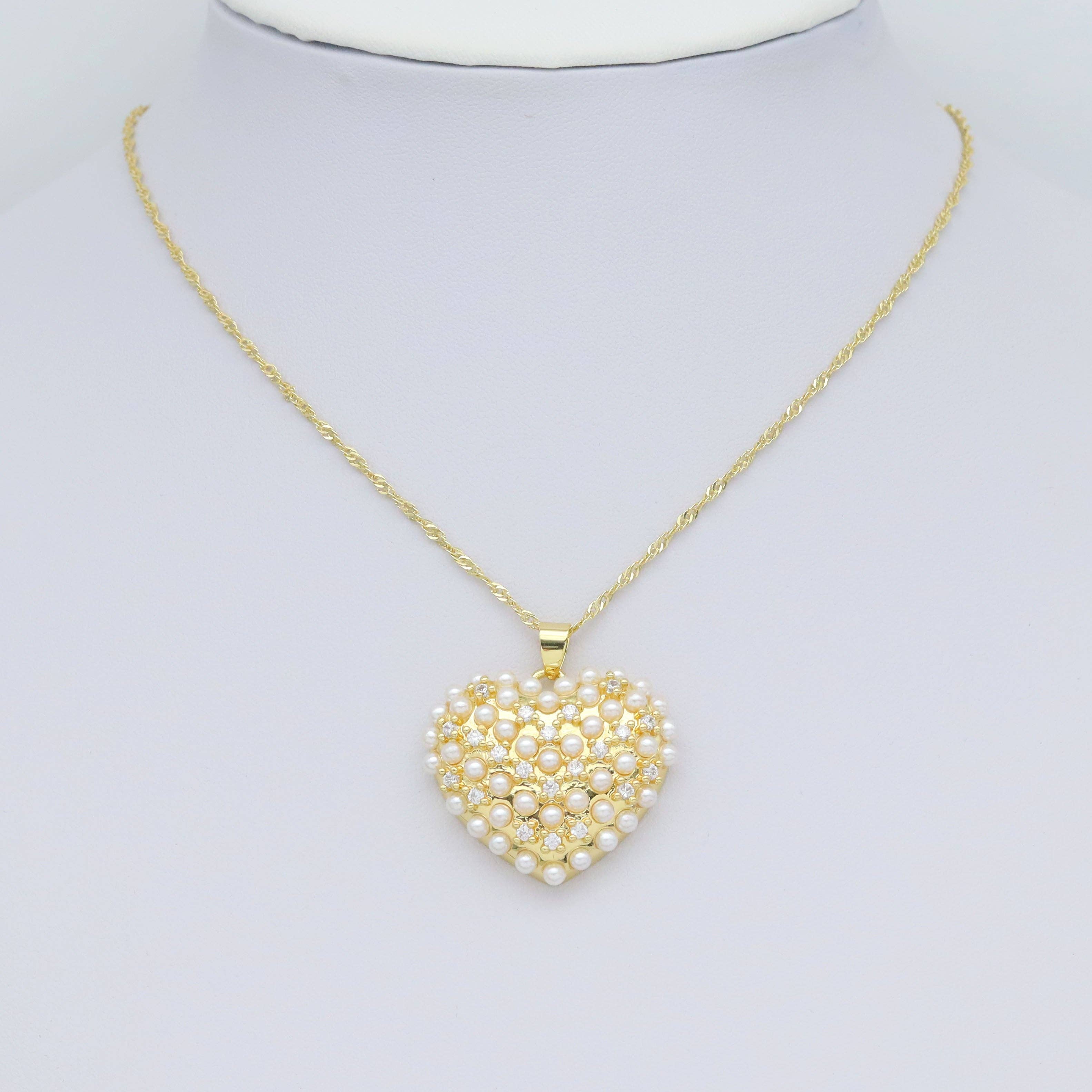 CZ Pave Gold Silver Pearl Heart Charm Pendant, Sku#LX594