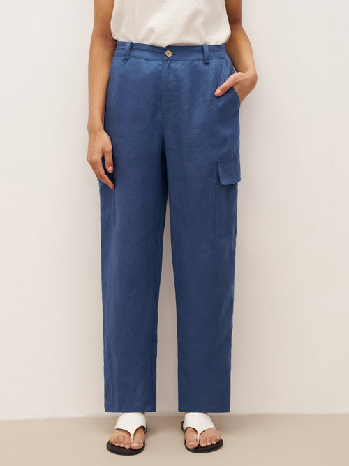 100% Linen Cargo Tapered Trousers with Patch Pockets JESSE