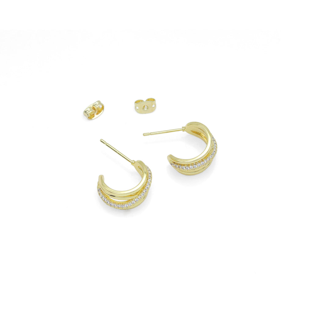 Clear CZ Gold Criss Cross Huggie Earrings, Sku#LX715
