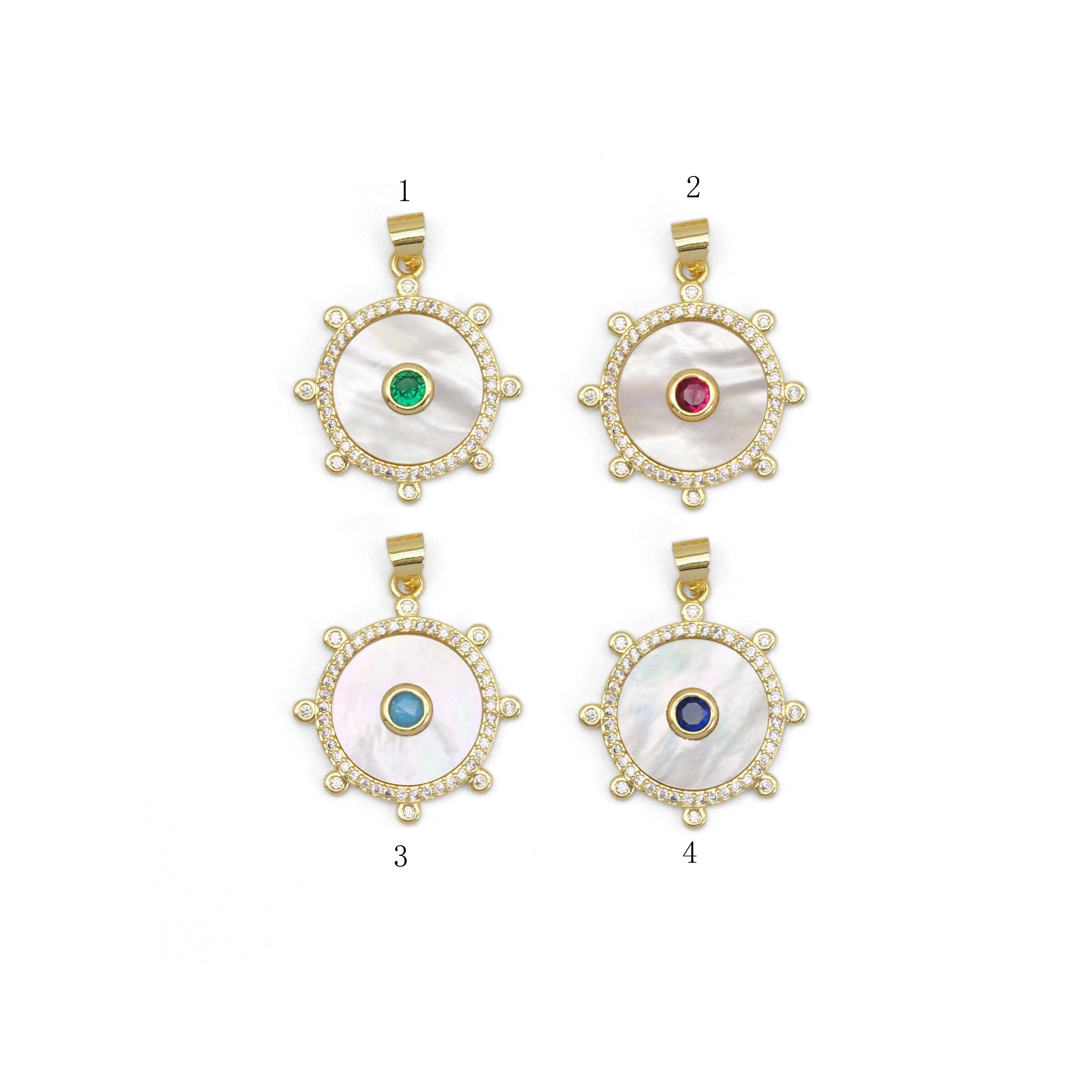 Turquoise Green Red Blue Mother of pearl Spike Round CZ Charm, Sku#LX291