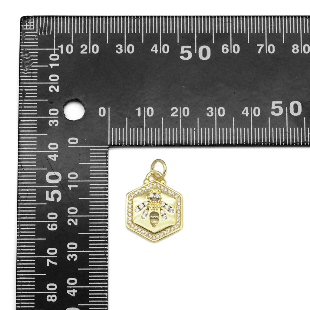 Clear CZ Gold Bee On Hexagon Charm, Sku#LX369