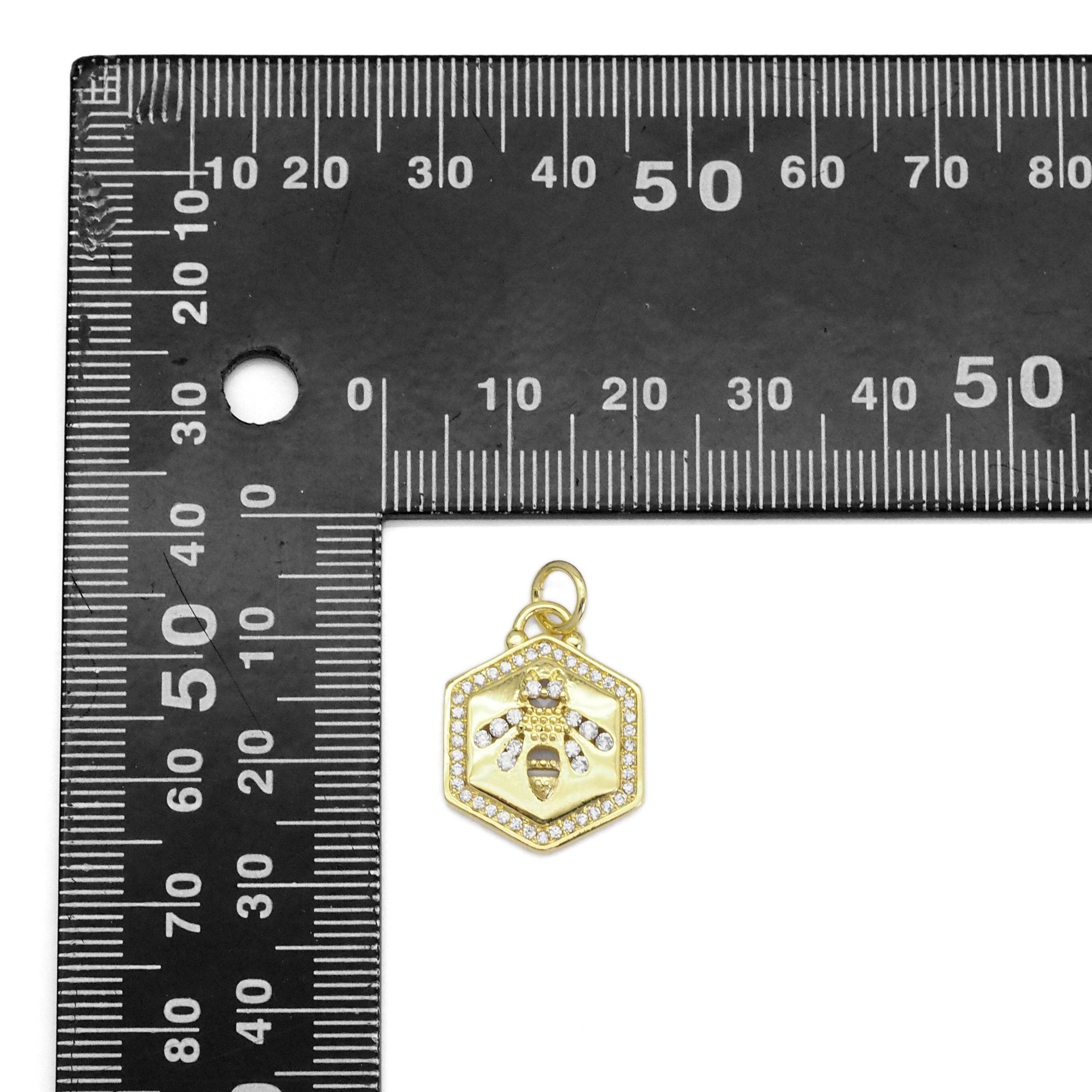Clear CZ Gold Bee On Hexagon Charm, Sku#LX369