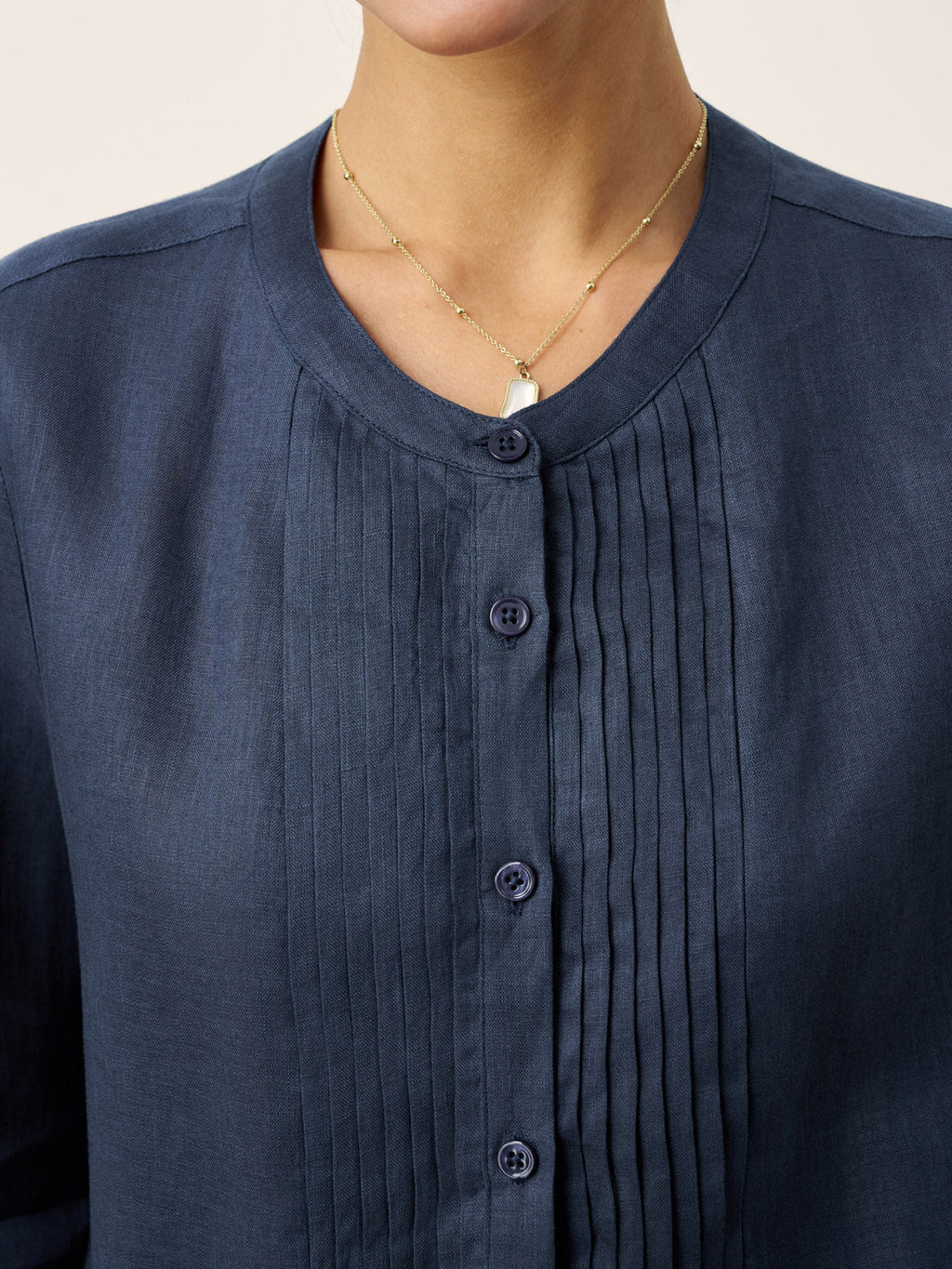 100% Linen Sculpted Accordion Pleat Crew Neck Shirt RANA