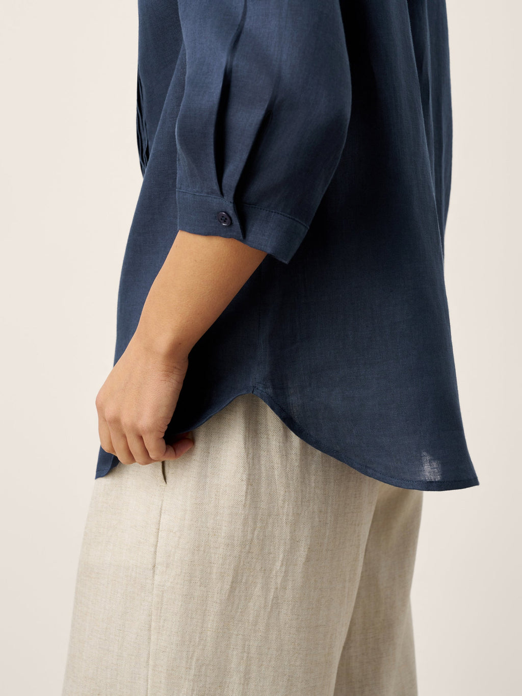 100% Linen Sculpted Accordion Pleat Crew Neck Shirt RANA