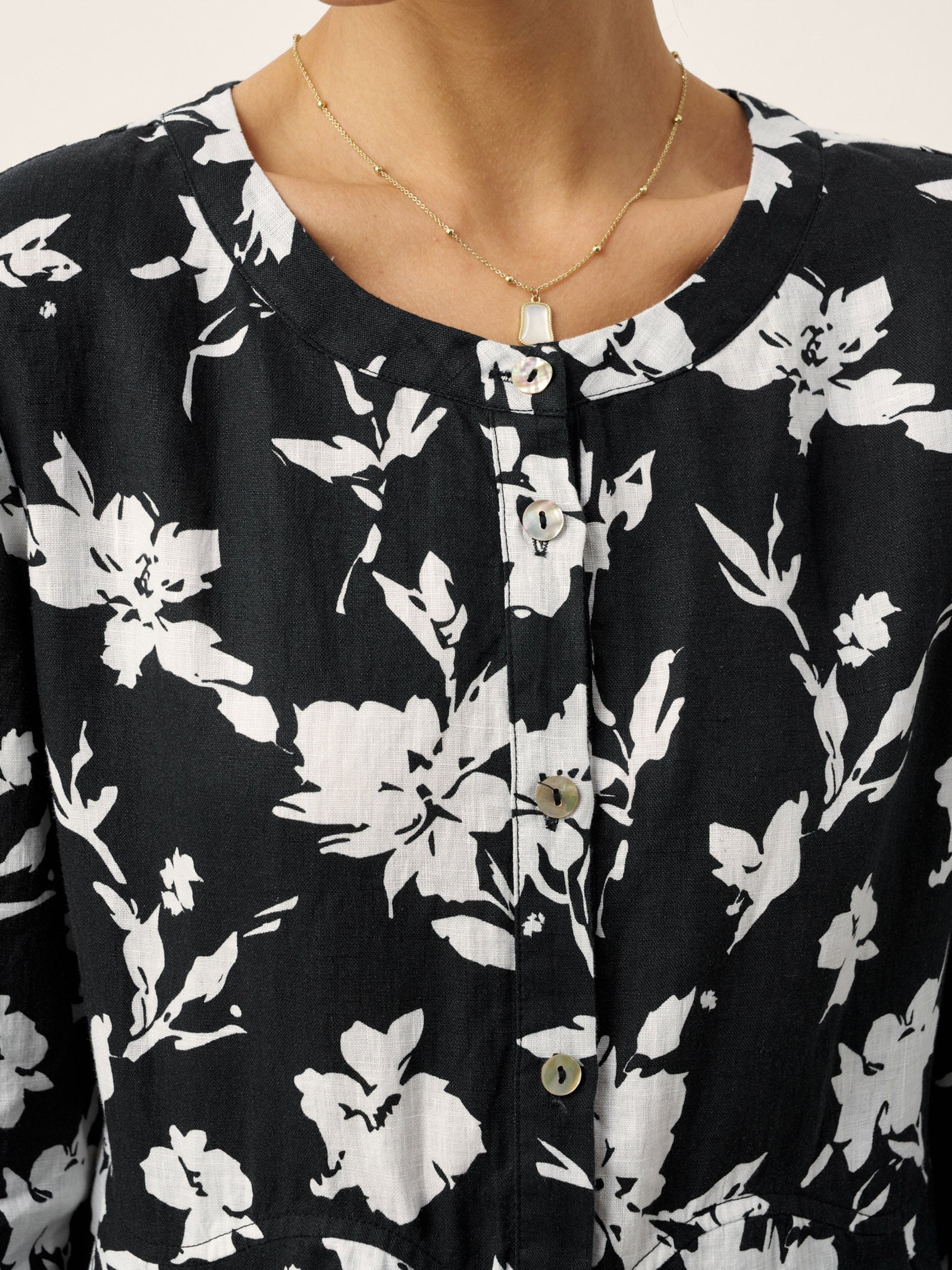 100% Linen Floral Printed Gathered Midi Dress ELODIE