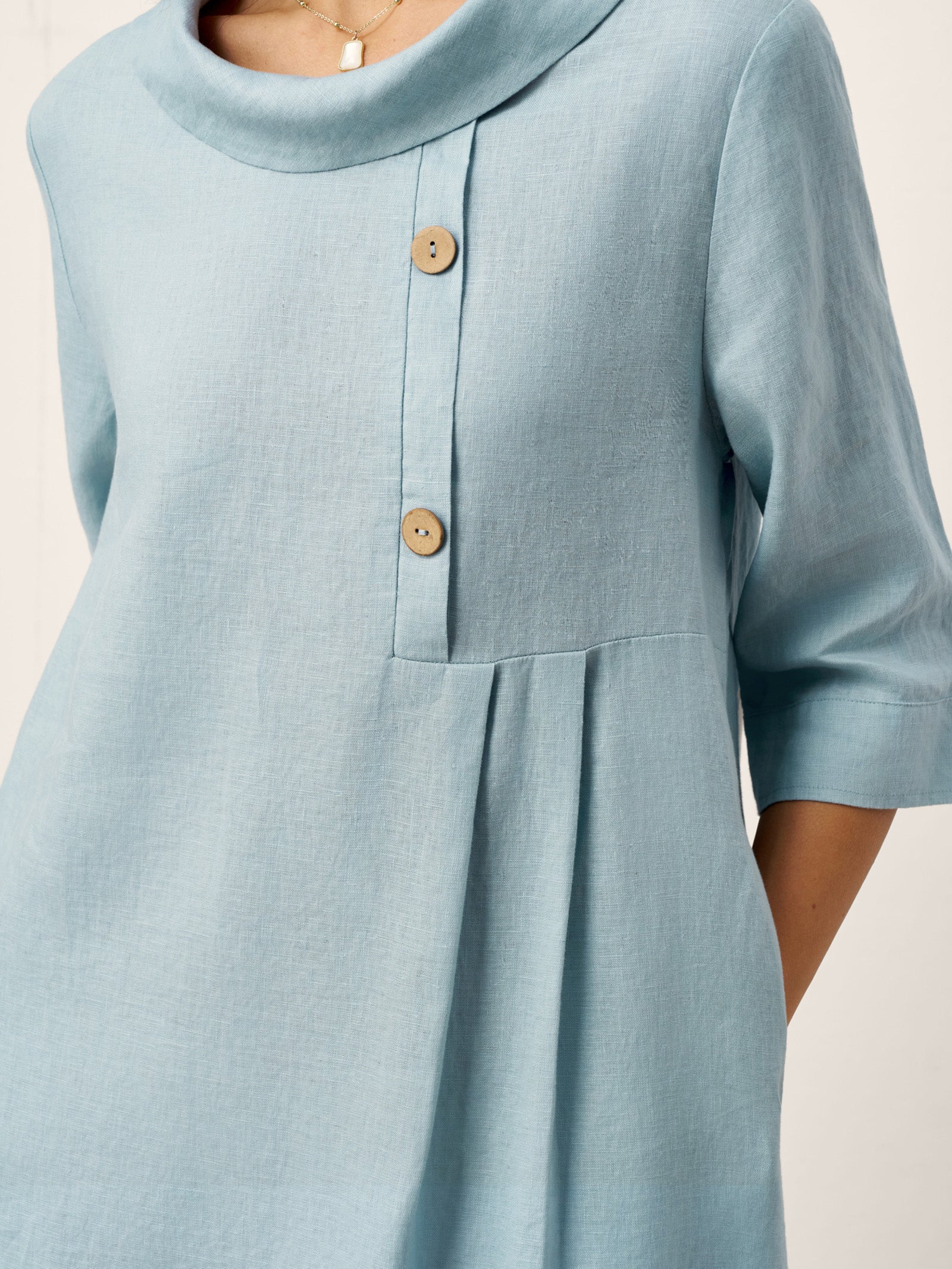 100% Linen Rolled Collar Asymmetric Button Midi Dress ELARAINE