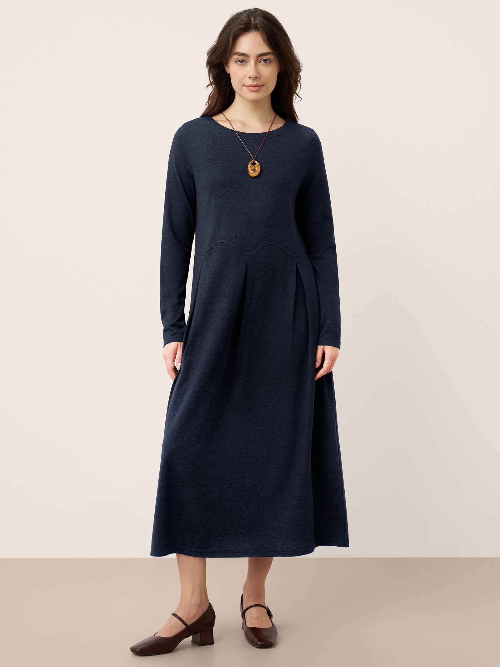 Wool Arc-Panel Sculpted Pleats Midi Dress CALISTA