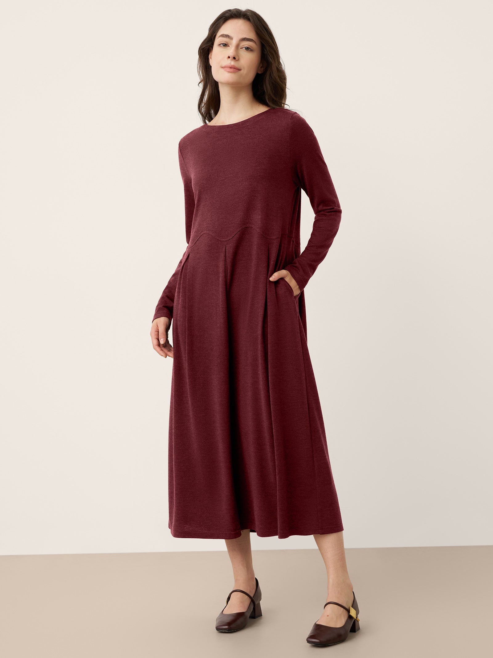 Wool Arc-Panel Sculpted Pleats Midi Dress CALISTA