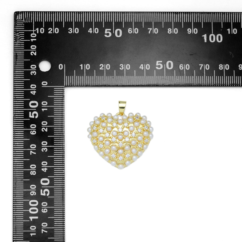 CZ Pave Gold Silver Pearl Heart Charm Pendant, Sku#LX594