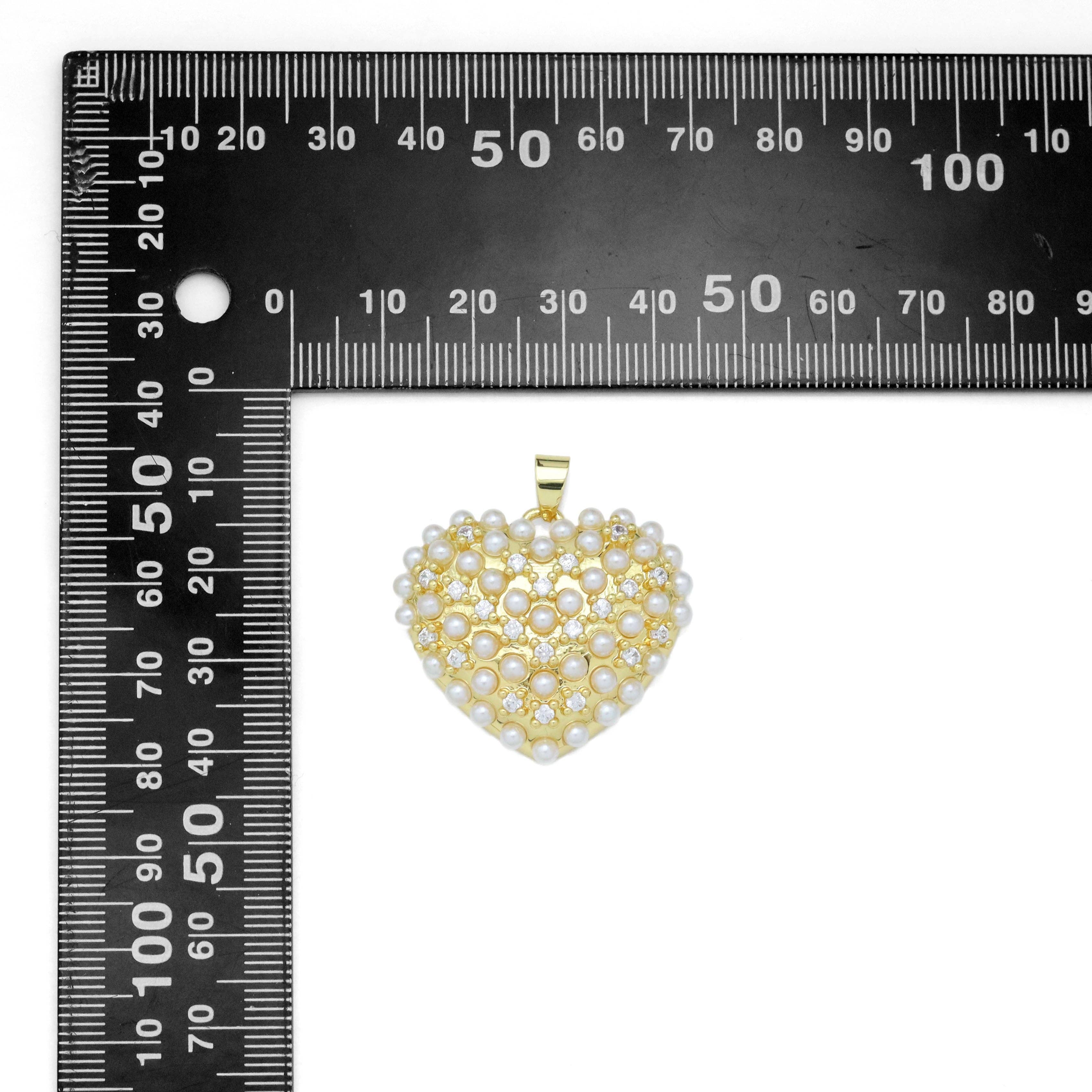 CZ Pave Gold Silver Pearl Heart Charm Pendant, Sku#LX594
