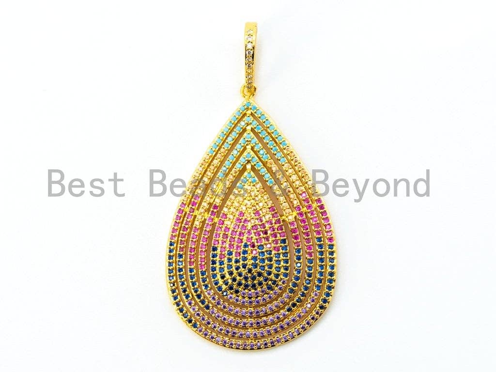 CZ Micro Pave Mixed Color Teardrop  Pendant, Cubic Zirconia Pendant, Colored CZ Pave in Gold/Silver/Rose Gold Finish, 60x31mm, SKU#F183