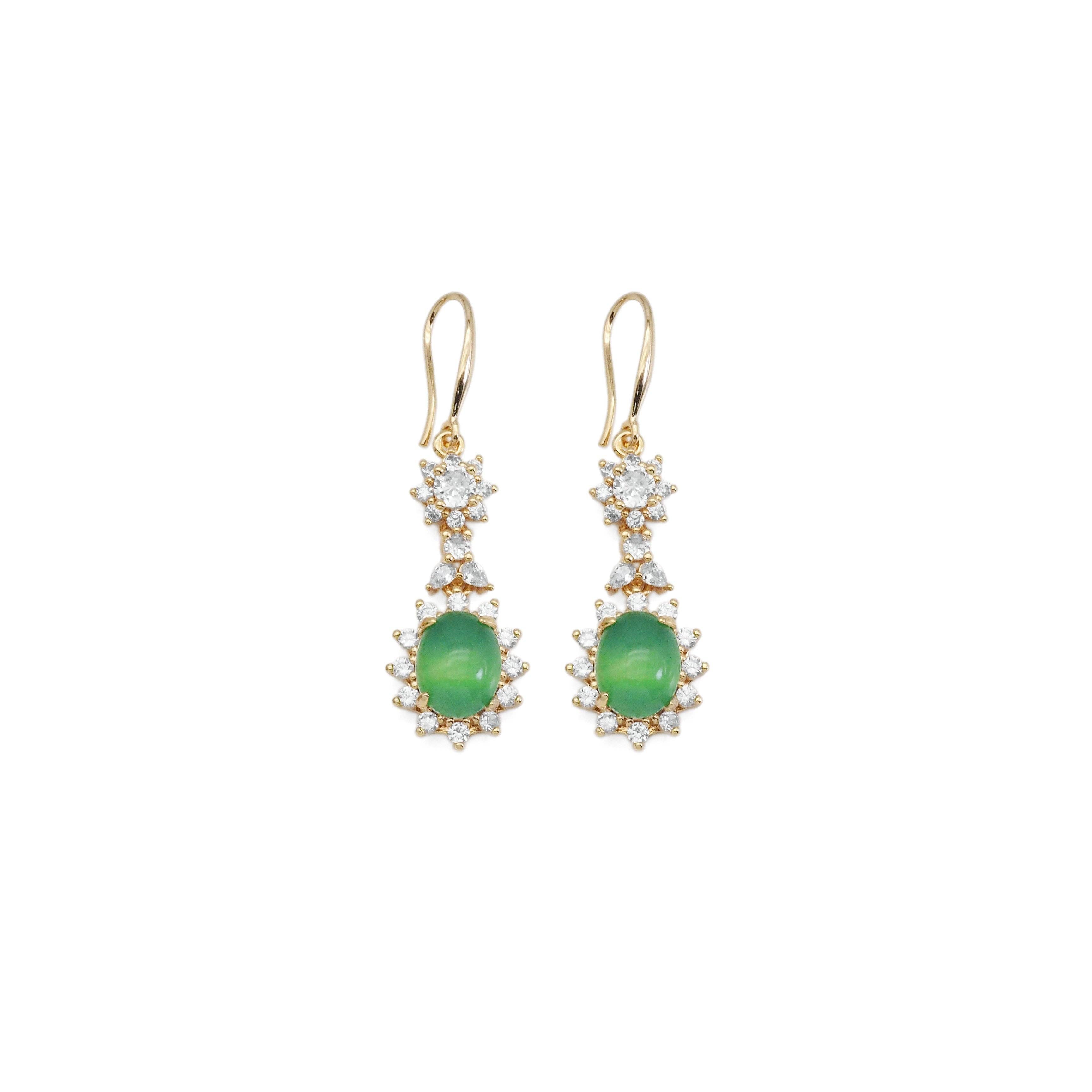 Clear CZ Gold Green Oval Jade Earrings, Sku#LX349