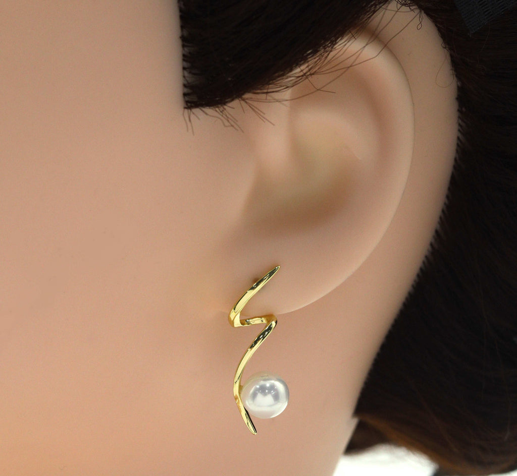 Gold CZ Pearl Curve Swirl Stud Earrings, Sku#ZX102