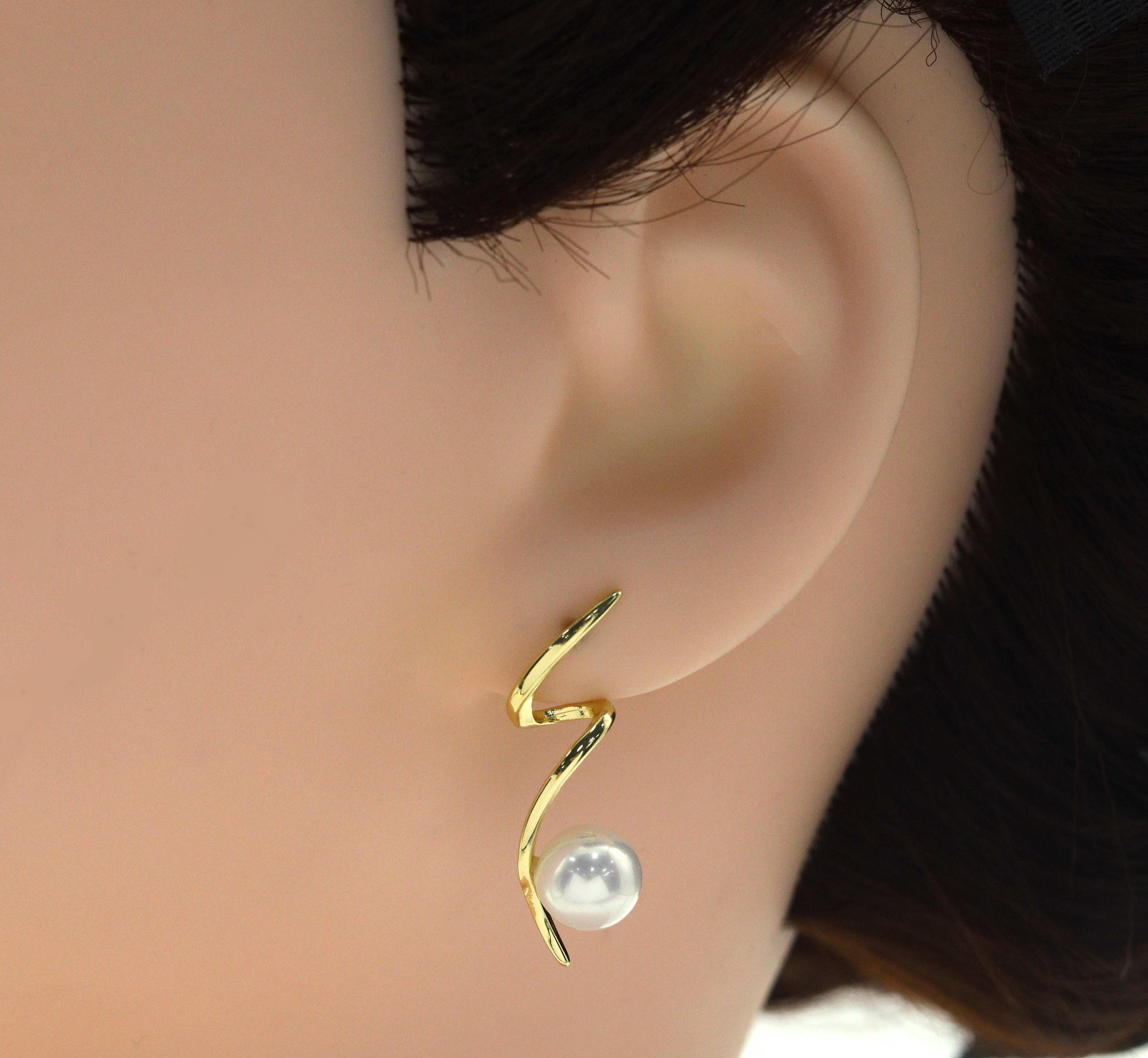 Gold CZ Pearl Curve Swirl Stud Earrings, Sku#ZX102