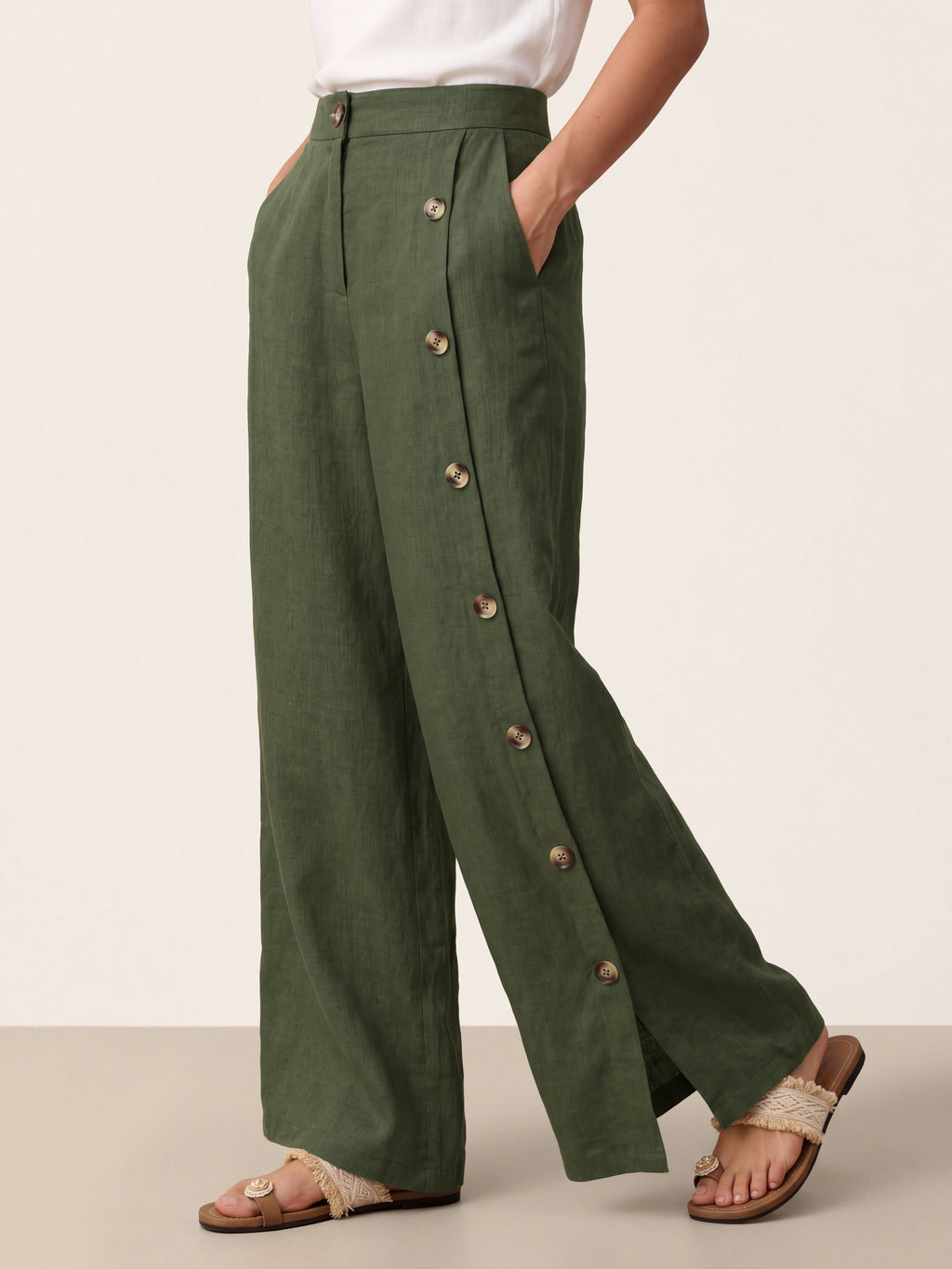 100% Linen Buttoned Slit-Hem Pants KATYA-LINTICO
