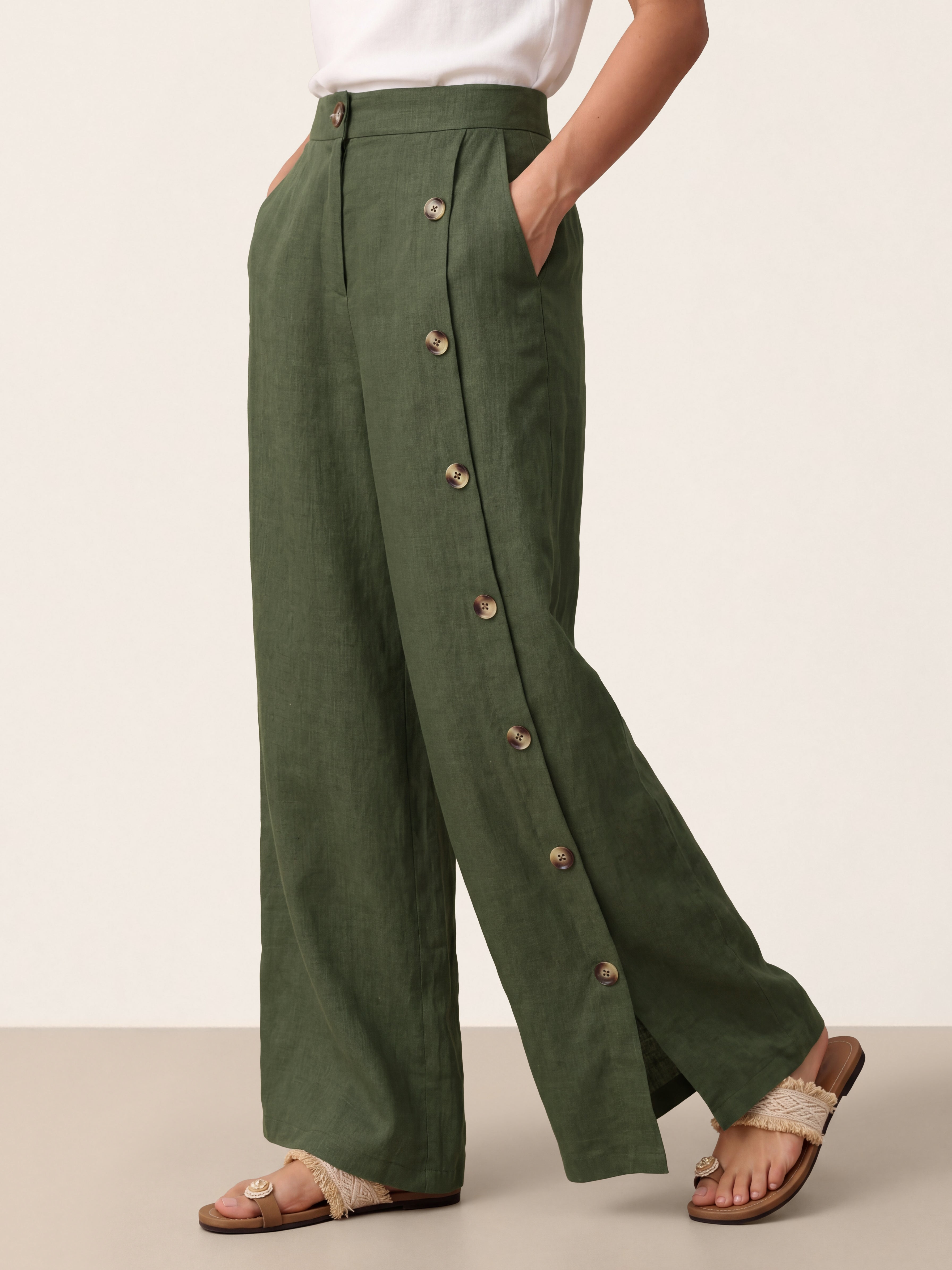 100% Linen Buttoned Slit-Hem Pants KATYA-LINTICO