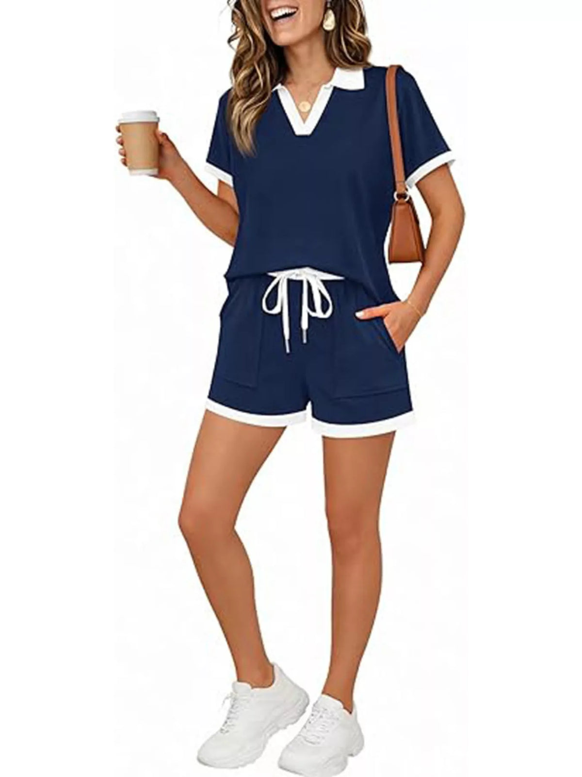 Polo Collar Short Sleeve Top and Shorts Set
