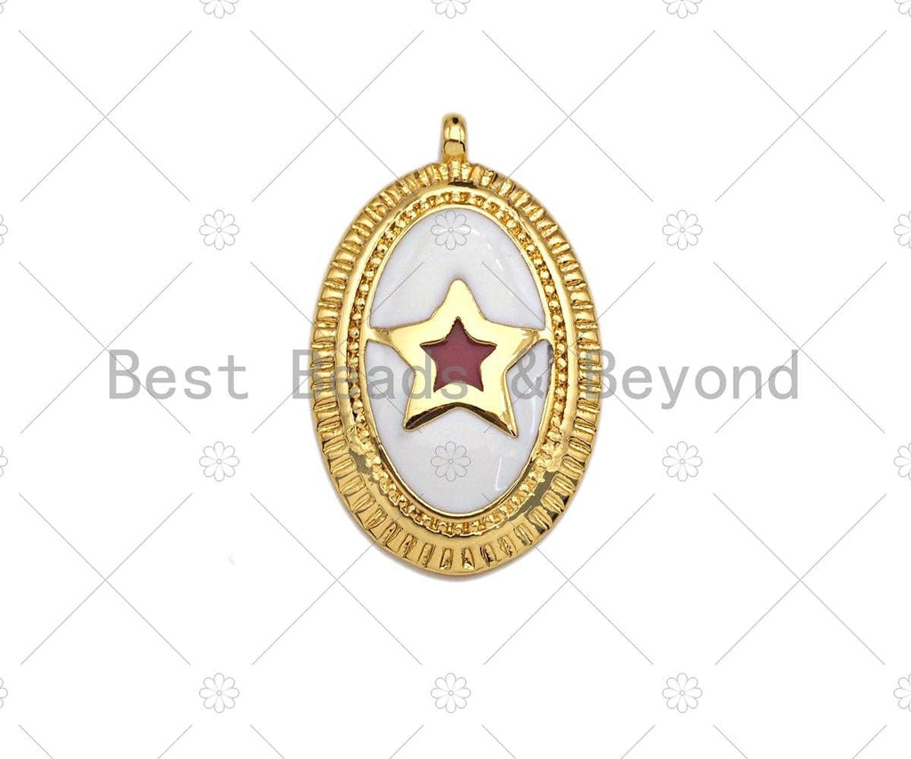 White Enamel Five Star On Oval Pendant,CZ Micro Pave Enamel pendant,Enamel Charm,Enamel Jewelry,12x19mm,sku#Z1244
