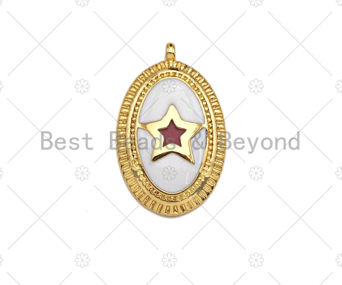 White Enamel Five Star On Oval Pendant,CZ Micro Pave Enamel pendant,Enamel Charm,Enamel Jewelry,12x19mm,sku#Z1244