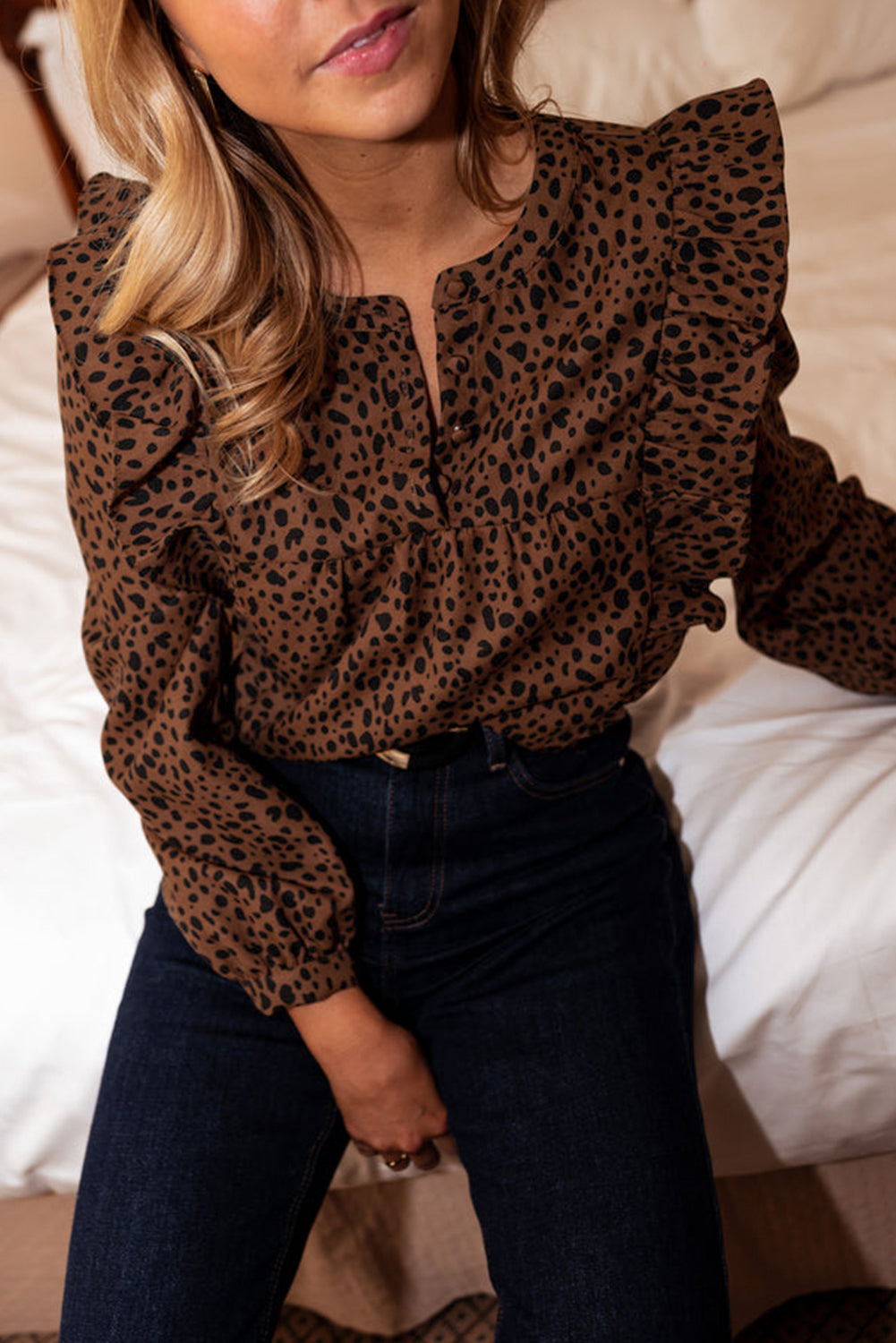 Collins Ruffled Puff Sleeve Blouse-Threaded Pear