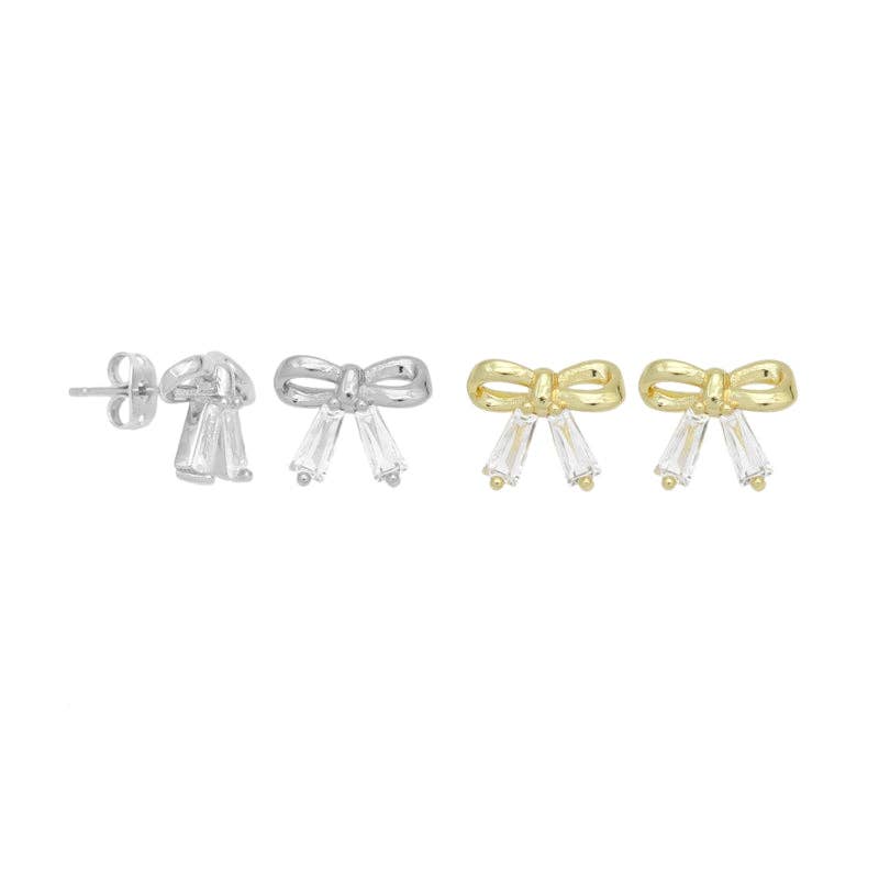 Clear Baguette CZ Cute Bow Shape Stud Earrings, Sku#LX697