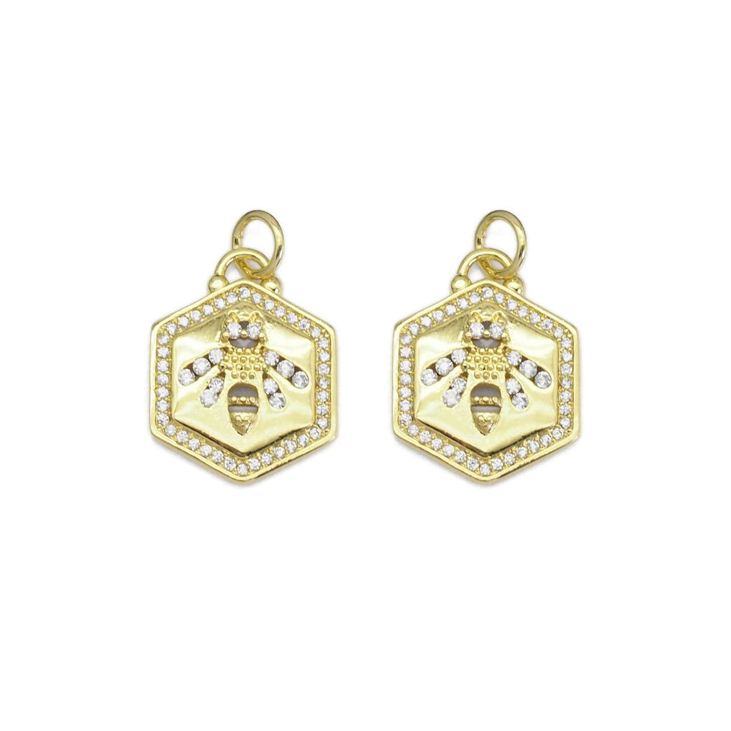 Clear CZ Gold Bee On Hexagon Charm, Sku#LX369