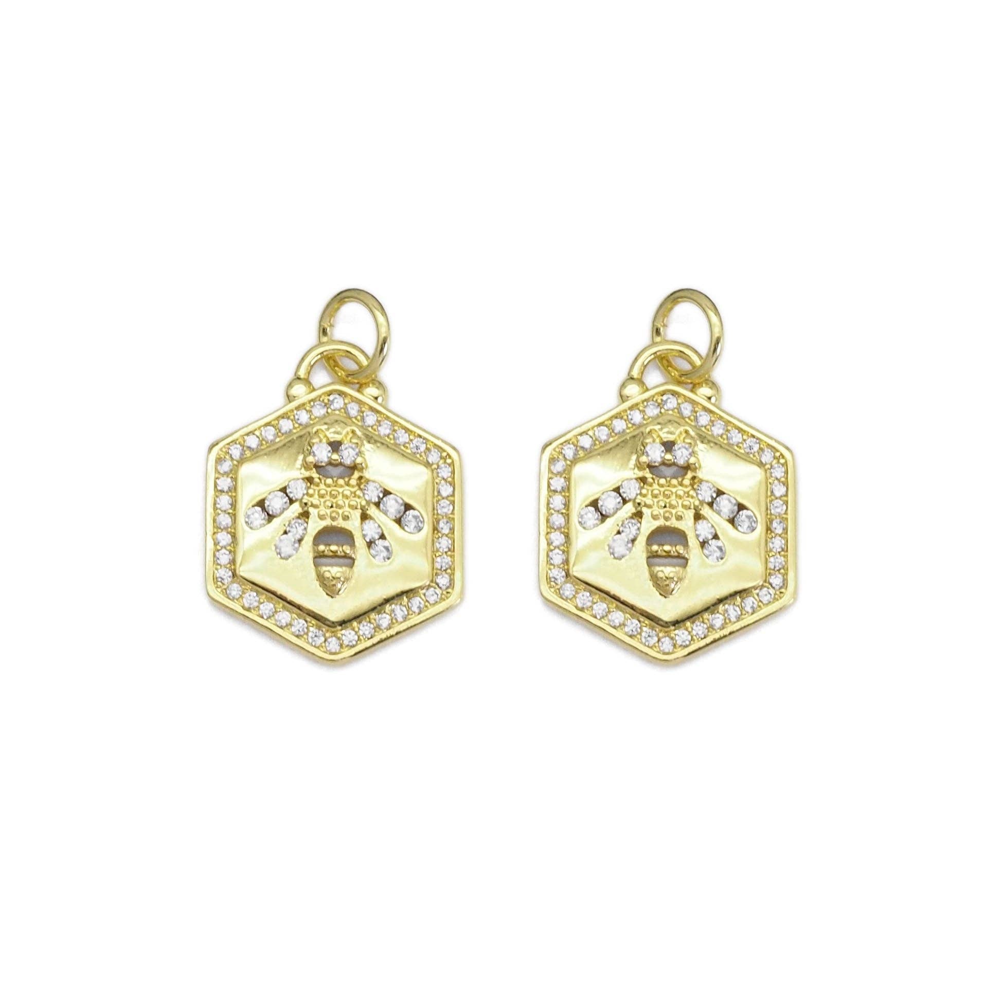 Clear CZ Gold Bee On Hexagon Charm, Sku#LX369
