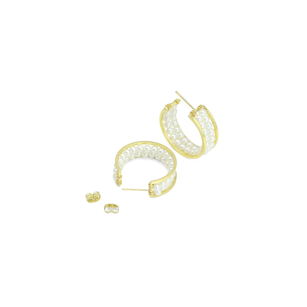 Double Line Pearl Gold Hoop Shape Stud Earrings, Sku#FH238