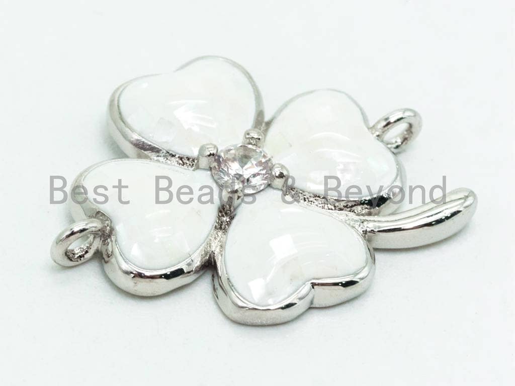 CZ Micro Pave Mother of Pearl Four-leaf Clover Flower Connector, Gemstone Cubic Zirconia Space Connector, 16x21mm, Jewelry Findings,sku#Z33