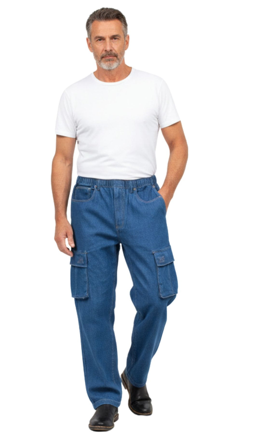 Men's Lightweight Double Cargo Pocket Pull-On Jeans – Cotton Blend Cargo Pants with Elastic Waist