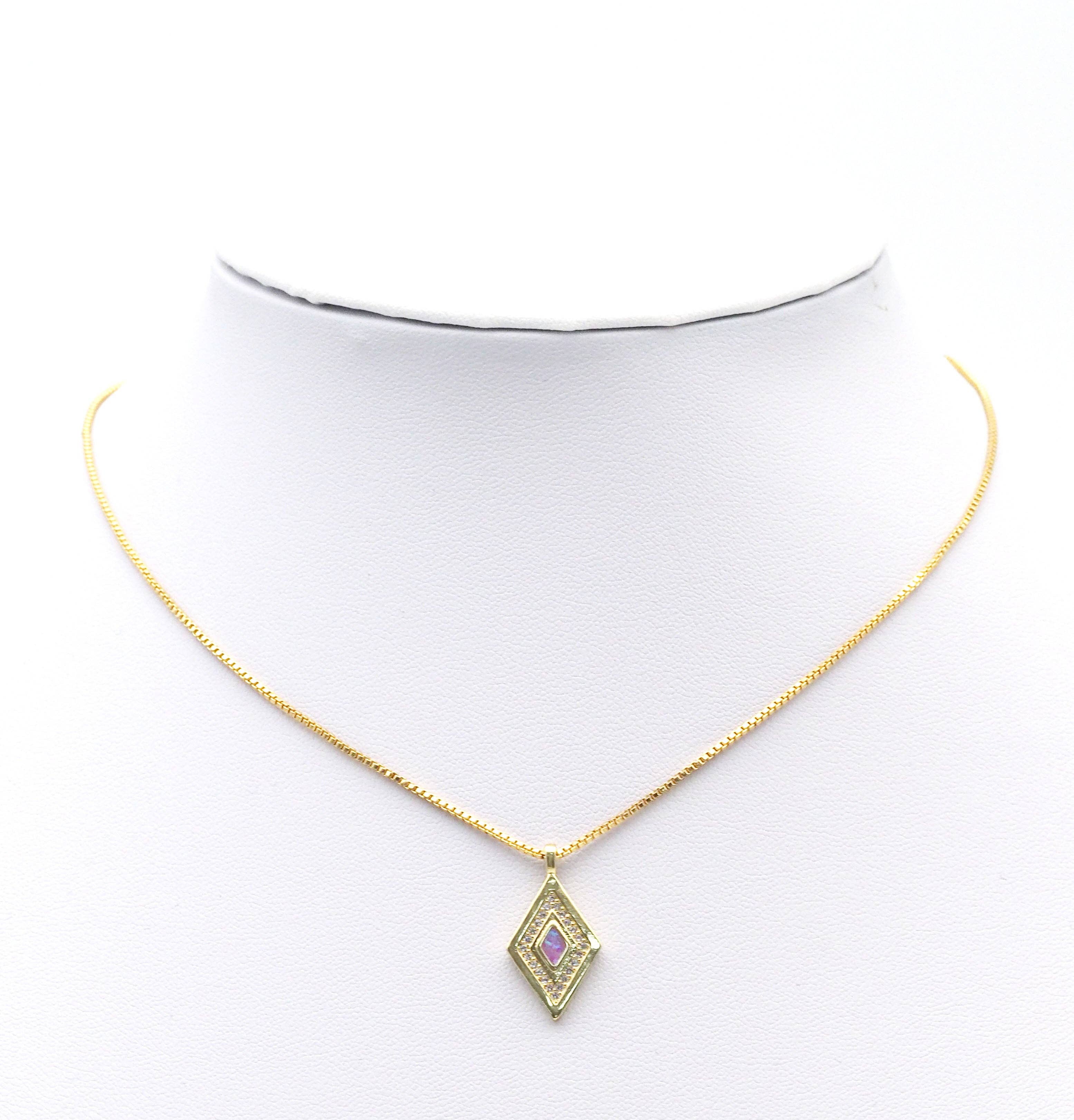 CZ Pave Gold Colorful Opal Rhombus Shape Charm, Sku#F1512