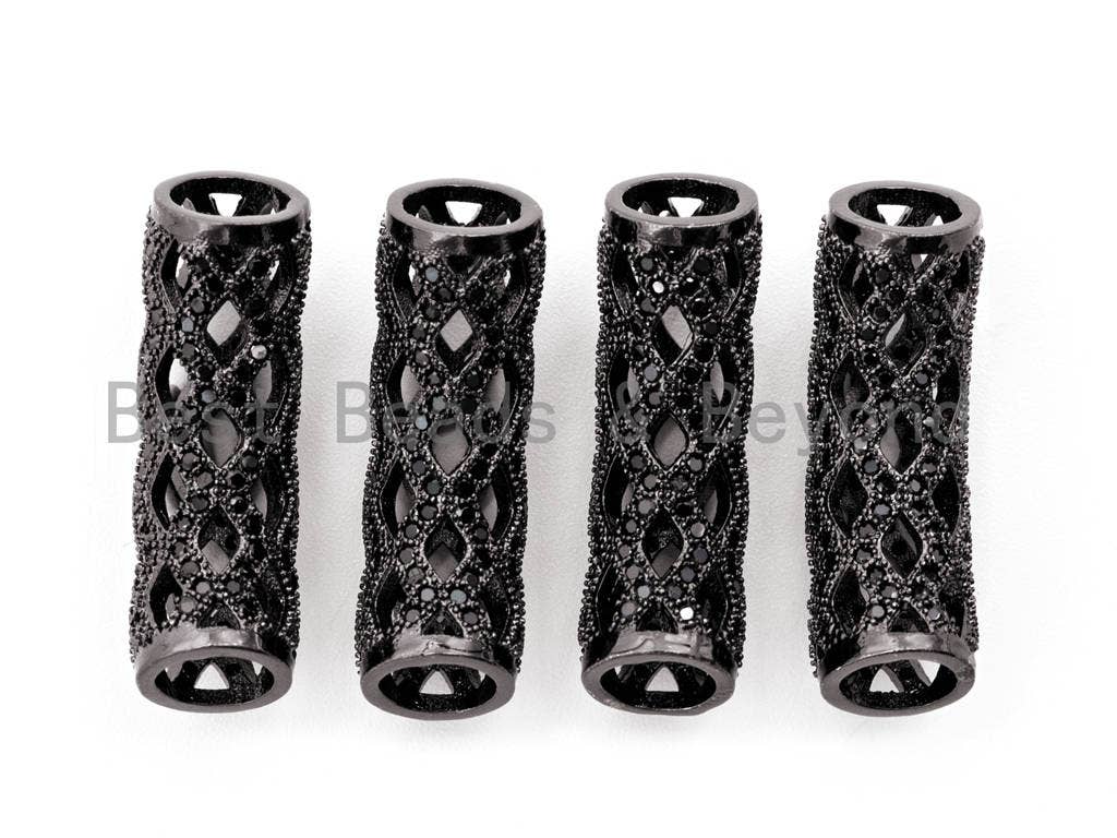 Black CZ Pave On Black Micro Pave Hollow Out Curved Tube, Cubic Zirconia Spacer Tube for Bracelet, 9x29mm, sku#G313