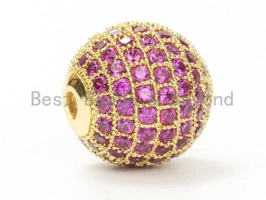 6mm/8mm/10mm/12mm Micro Pave Fuchsia CZ Stone Round Ball, Fuchsia Pave Gold/Silver/Rose Gold/Black Rhodium Bead Focal, 1/2pcs sku#G308FC