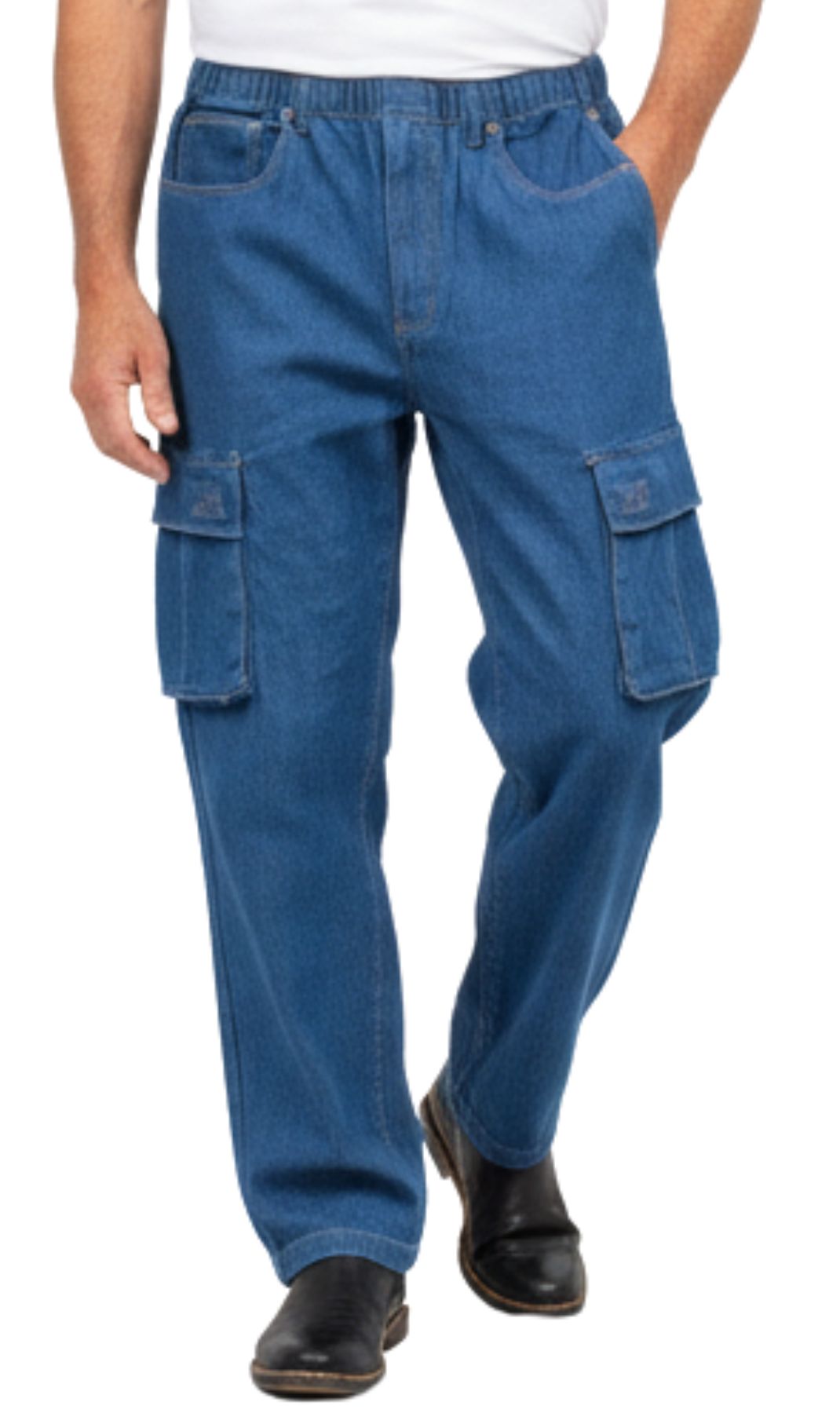 Men's Lightweight Double Cargo Pocket Pull-On Jeans – Cotton Blend Cargo Pants with Elastic Waist
