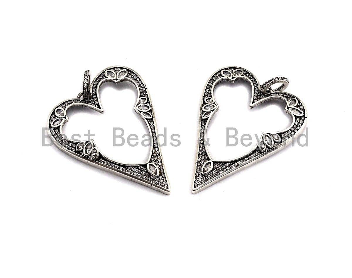CZ Micro Pave Heart Hollow Out Pendant, Antique Silver Tone, Clear Cubic Zirconia Big Pave Heart Charm Pendant,35x46mm,sku#F1000C