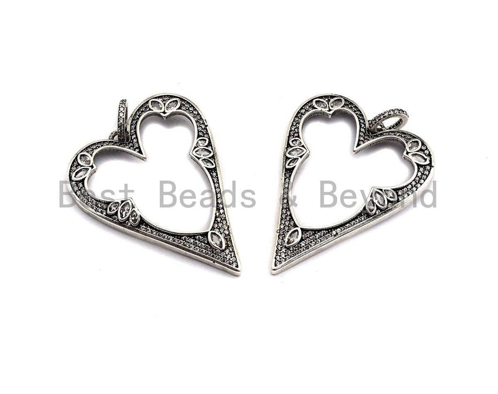 CZ Micro Pave Heart Hollow Out Pendant, Antique Silver Tone, Clear Cubic Zirconia Big Pave Heart Charm Pendant,35x46mm,sku#F1000C