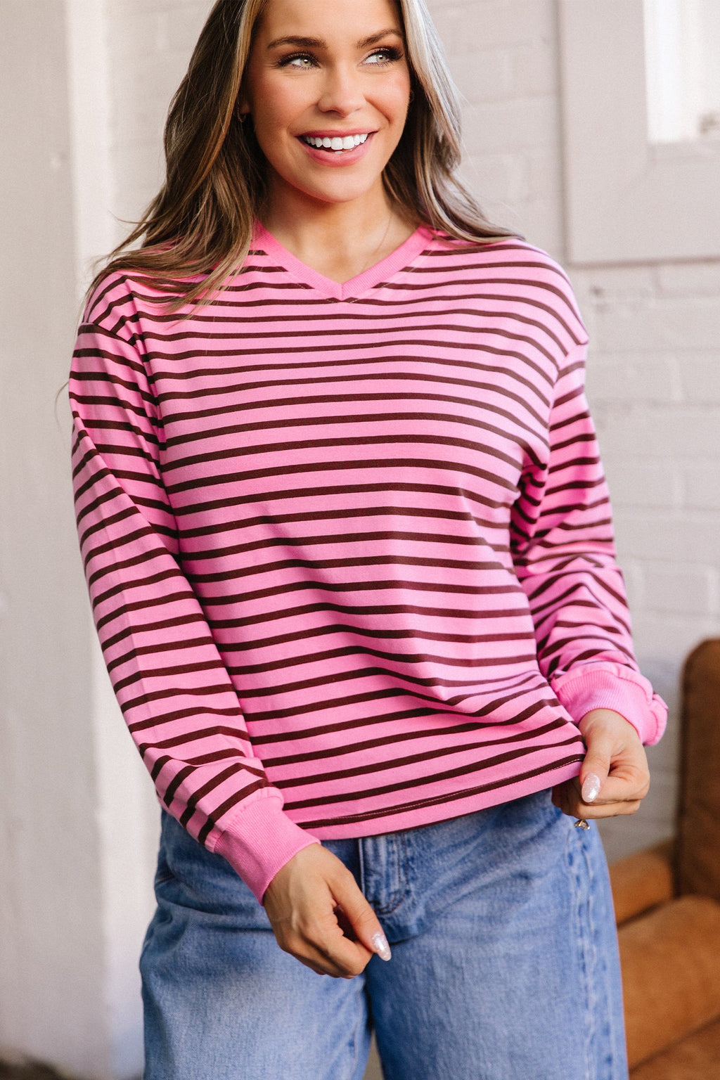 Novalee Stripe Drop Shoulder Long Sleeve Top-Threaded Pear