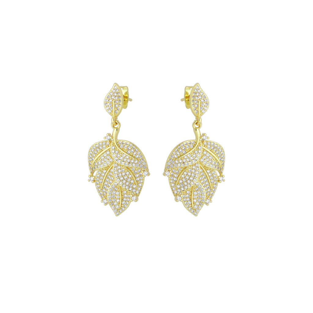 Clear CZ Gold Leaf Shape Stud Earrings, Sku#LX835