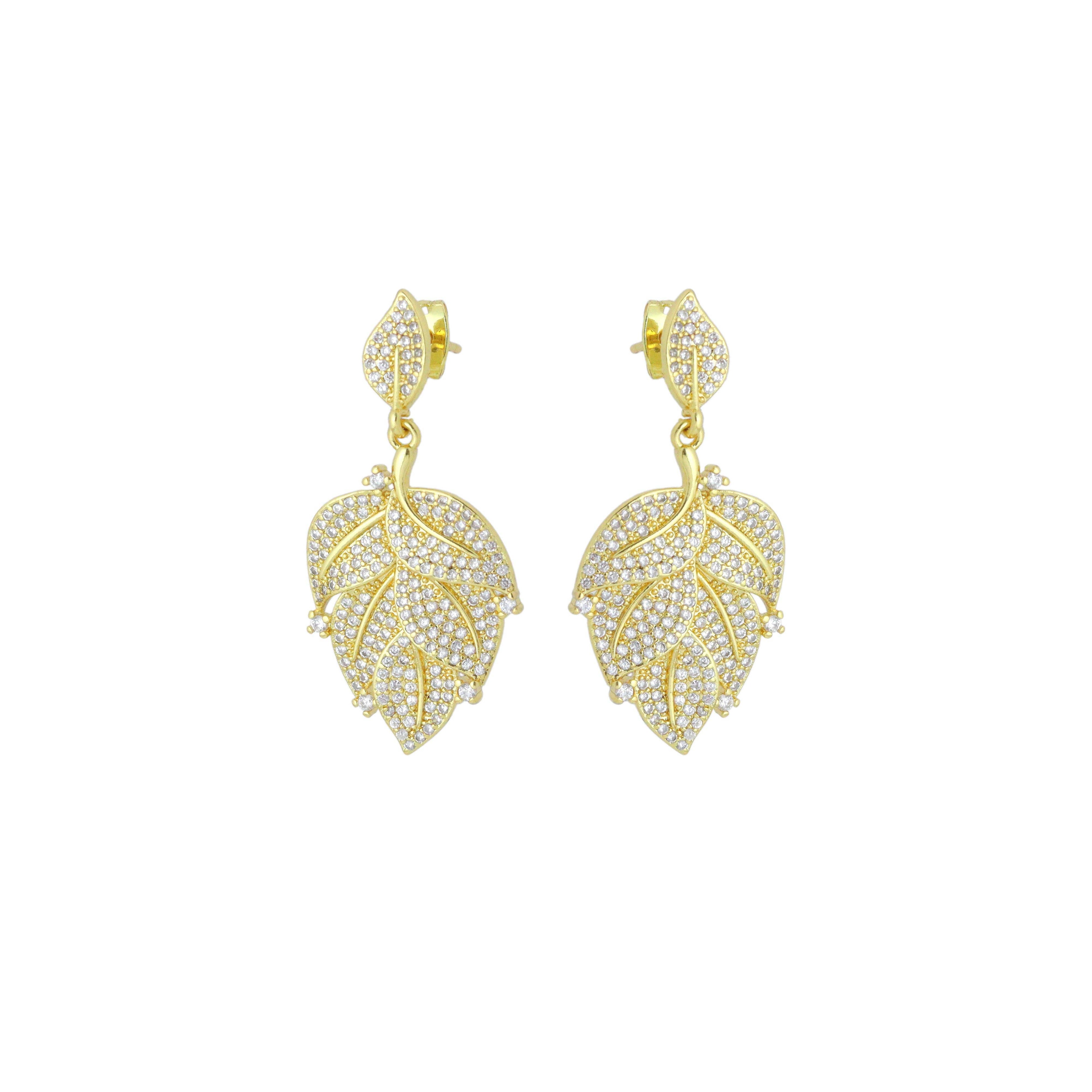 Clear CZ Gold Leaf Shape Stud Earrings, Sku#LX835