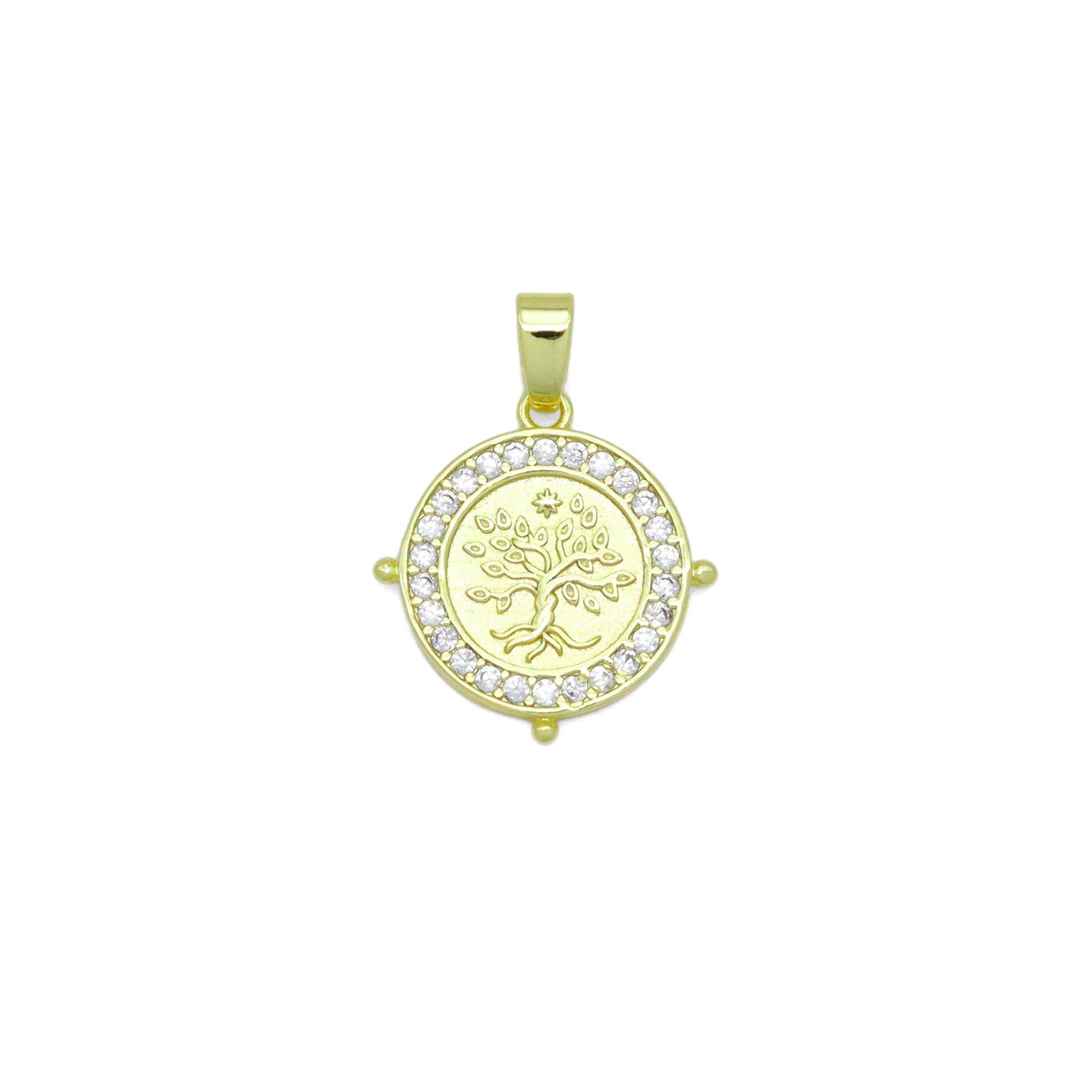 CZ Around Tree On Round Coin Charm Pendant, Sku#LX766