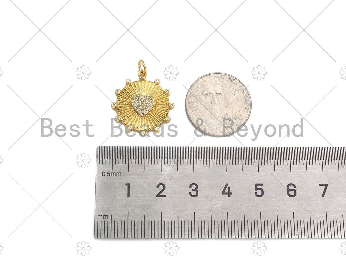 CZ Micro Pave Embossed Medallion Heart Coin Pendant, 22mm,Sku#Z1331