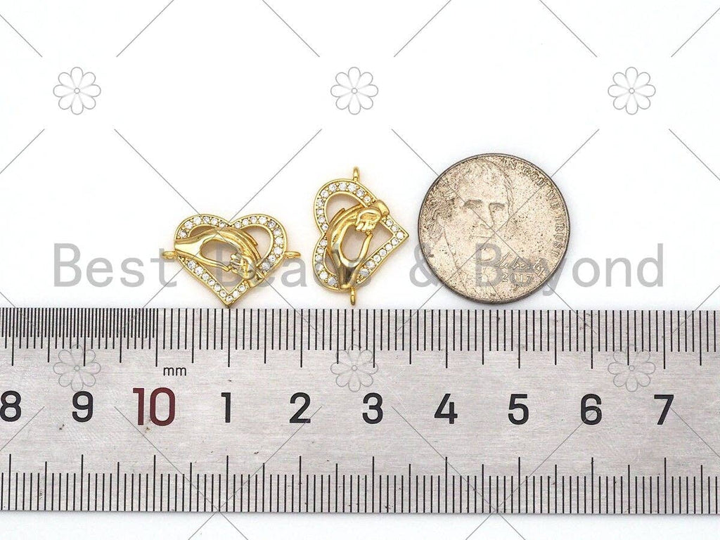 CZ Micro Pave Heart With Mama Holding Baby Hand Shape Connector,18K Gold Filled Charm, Mother's Day Bracelet Connector,13x19mm,Sku#E543