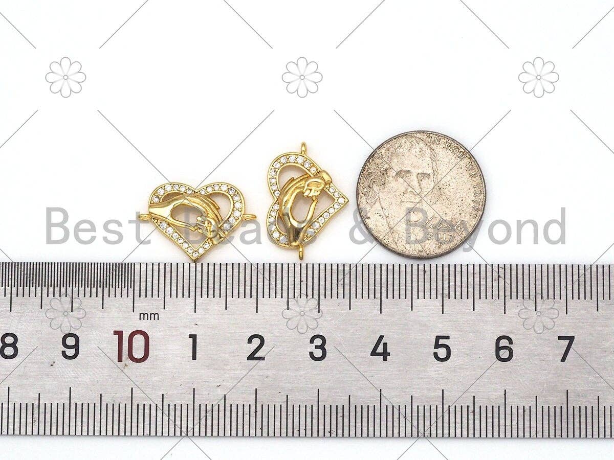 CZ Micro Pave Heart With Mama Holding Baby Hand Shape Connector,18K Gold Filled Charm, Mother's Day Bracelet Connector,13x19mm,Sku#E543
