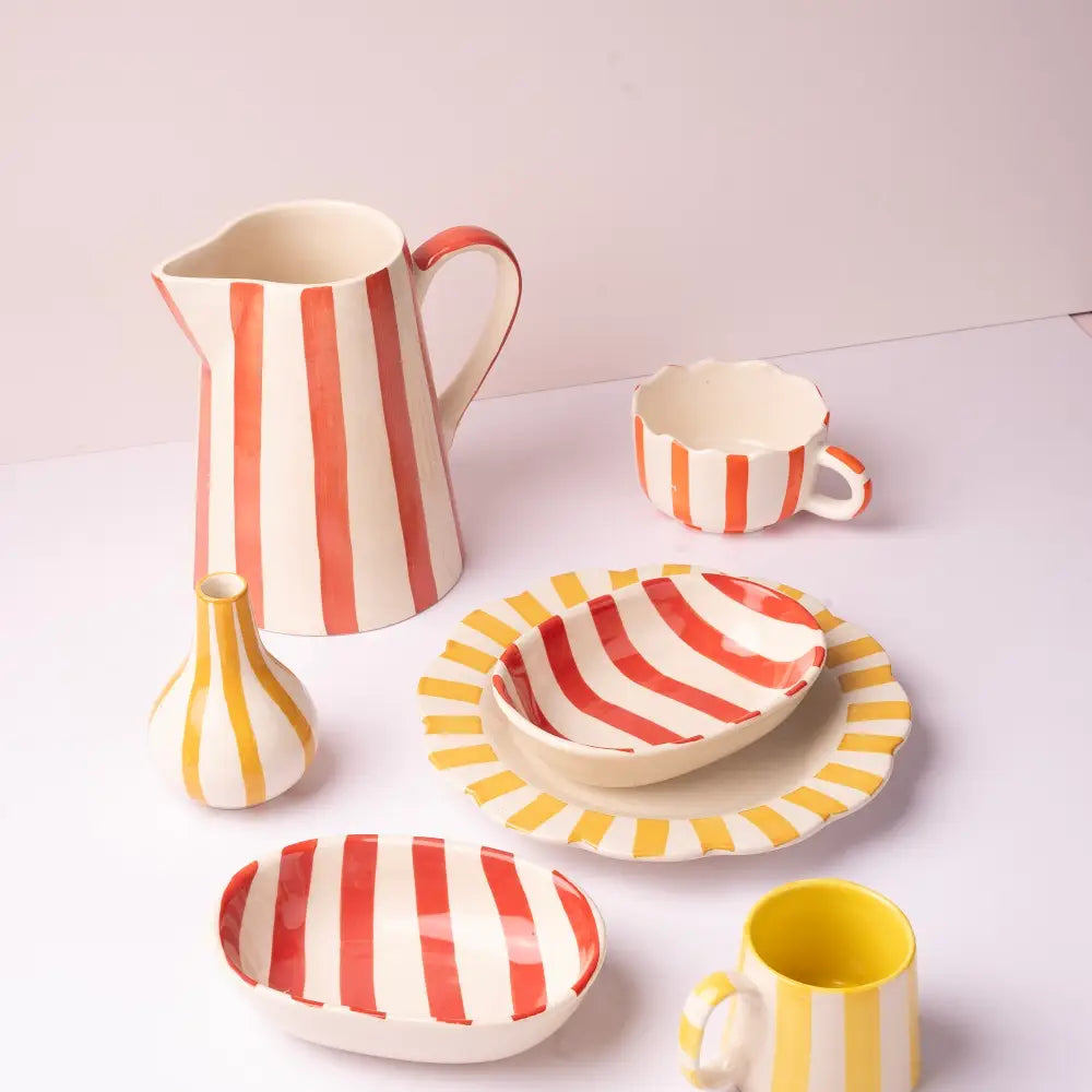 Red Stripe Pitcher | Handpainted Stoneware
