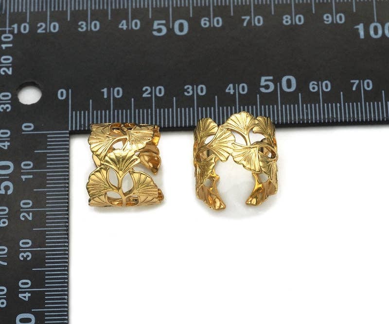 CZ Gold Ginkgo Leaf Adjustable Ring, Sku#Y757