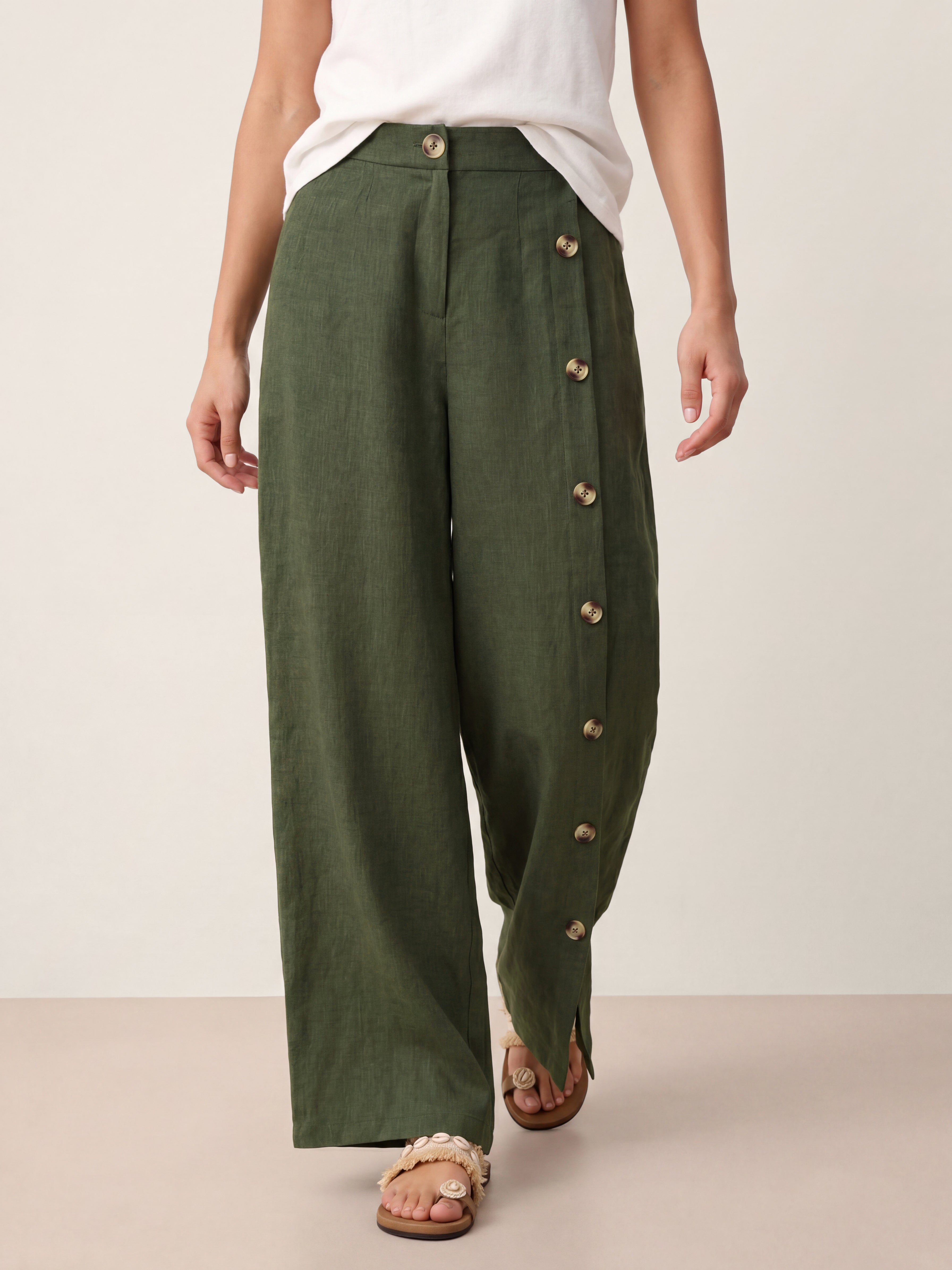 100% Linen Buttoned Slit-Hem Pants KATYA-LINTICO