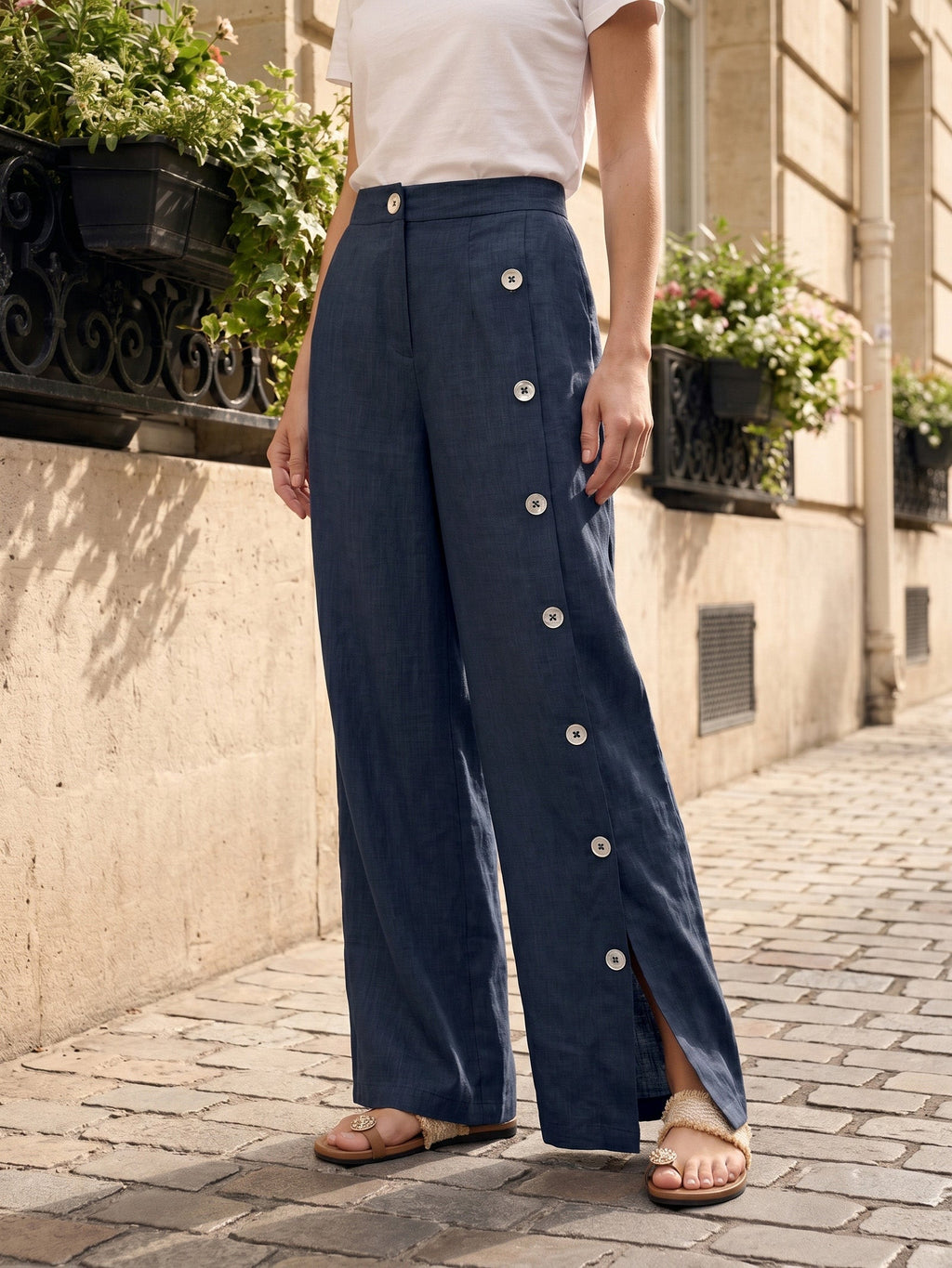 100% Linen Buttoned Slit-Hem Pants KATYA-LINTICO